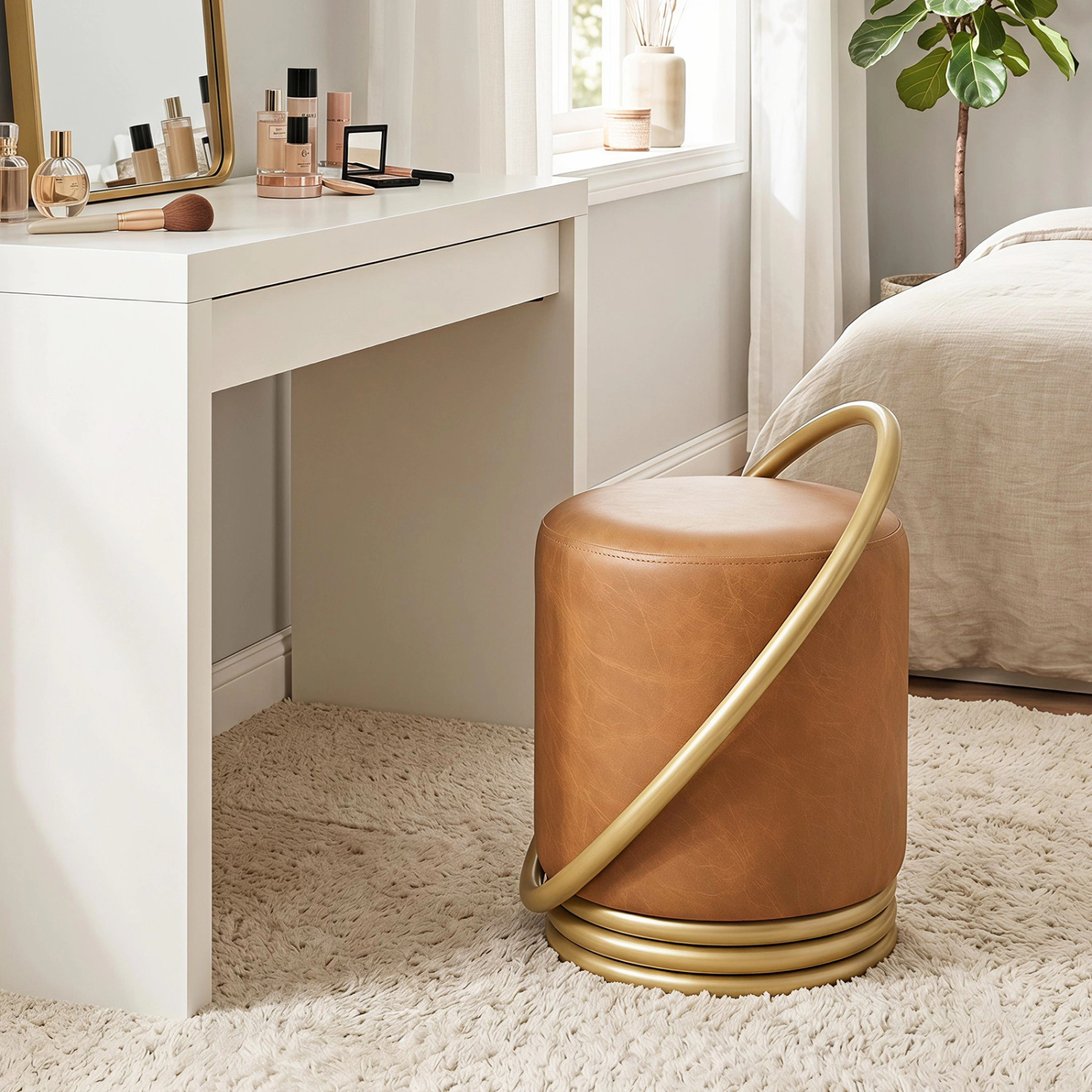 Glintex Round Faux Leather Vanity Stool with Gold Halo Base and Adjustable Pads