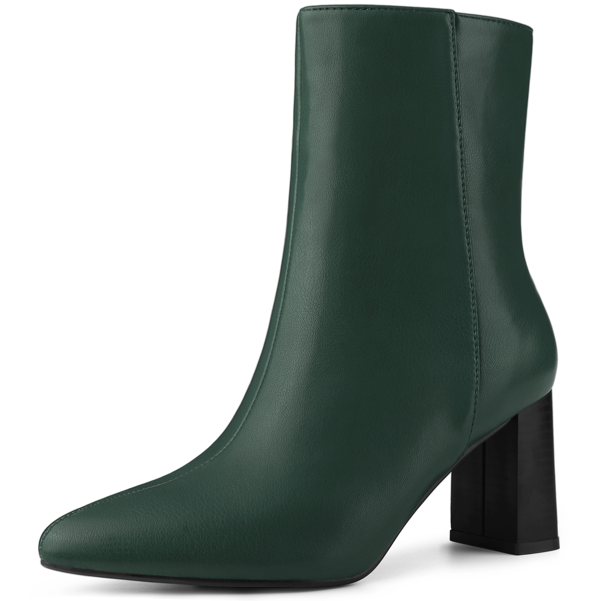 BLISSFUL STEP Women Faux Leather Pointed Toe Chunky Block Heel Ankle Booties