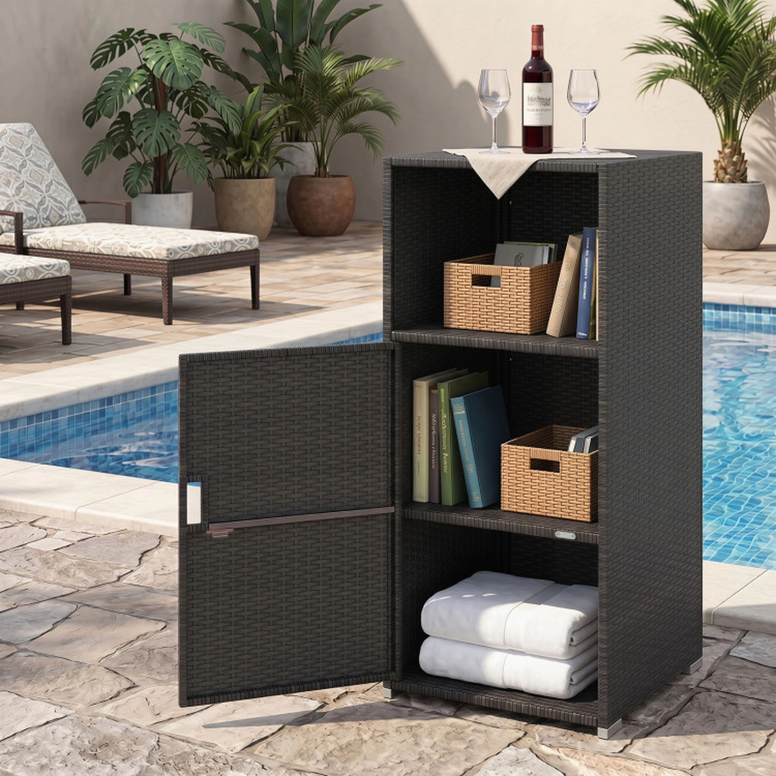 SUGIFT Black Hand-Woven PE Rattan Outdoor Storage Cabinet with Door Open Compartment and 66-lb Tiers