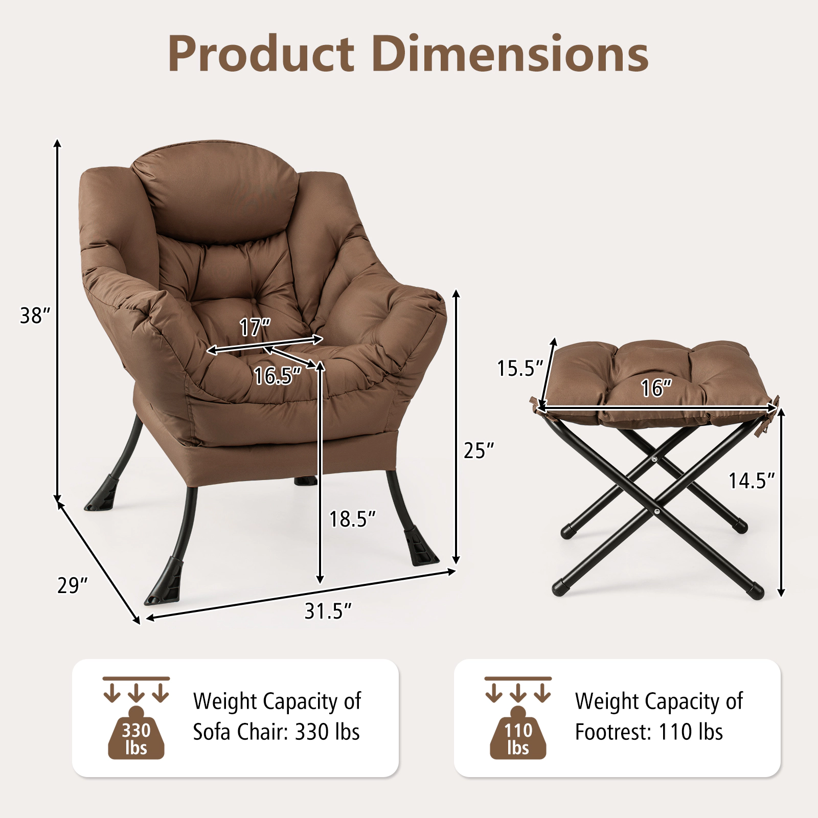 SUGIFT Modern Accent Sofa Chair with Folding Footrest and Side Pocket 330-lb Capacity 31.5-in Wide with Ottoman Brown
