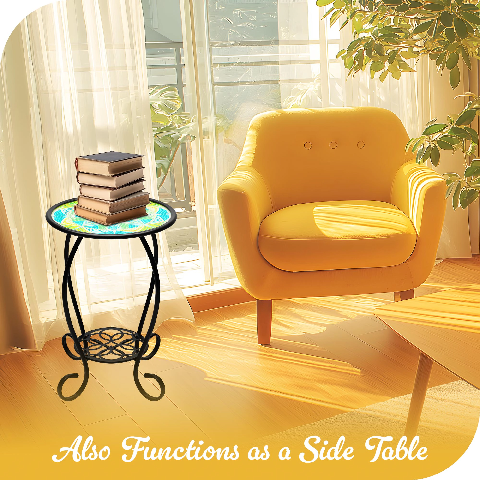 G128 14 in Round Glass Side Table Mandrake Pattern - Foldable Metal Outdoor Plant Stand