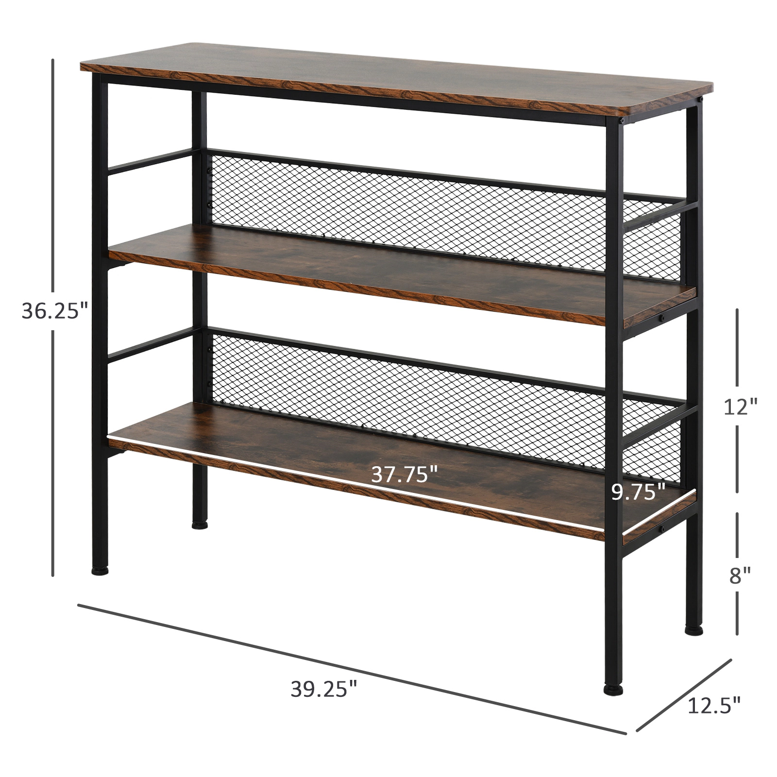 Flynama 3 Tier Console Table Wooden Shelves Adjustable Feet Industrial Style Storage Unit Black