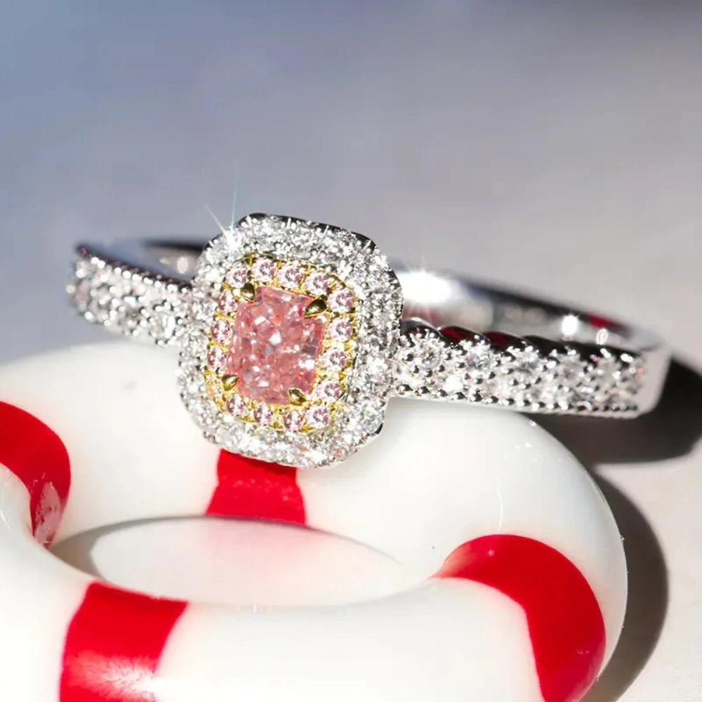 Women's Copper Ring with Square Pink Zircon Wedding Anniversary Party Jewelry