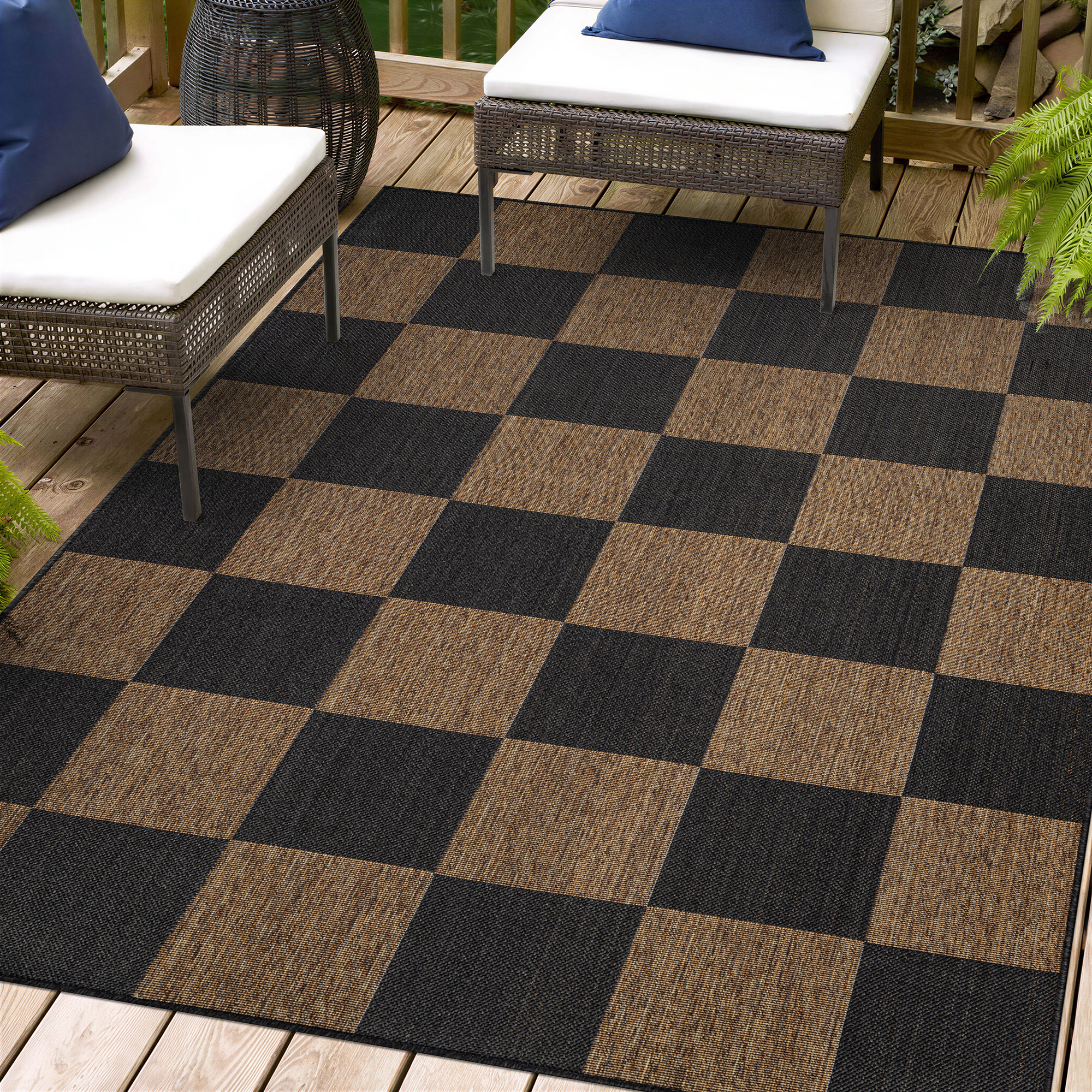 World Rug Gallery Checkered Indoor/Outdoor Flat Woven Area - Natural Jute-Style, Easy-Care Patio