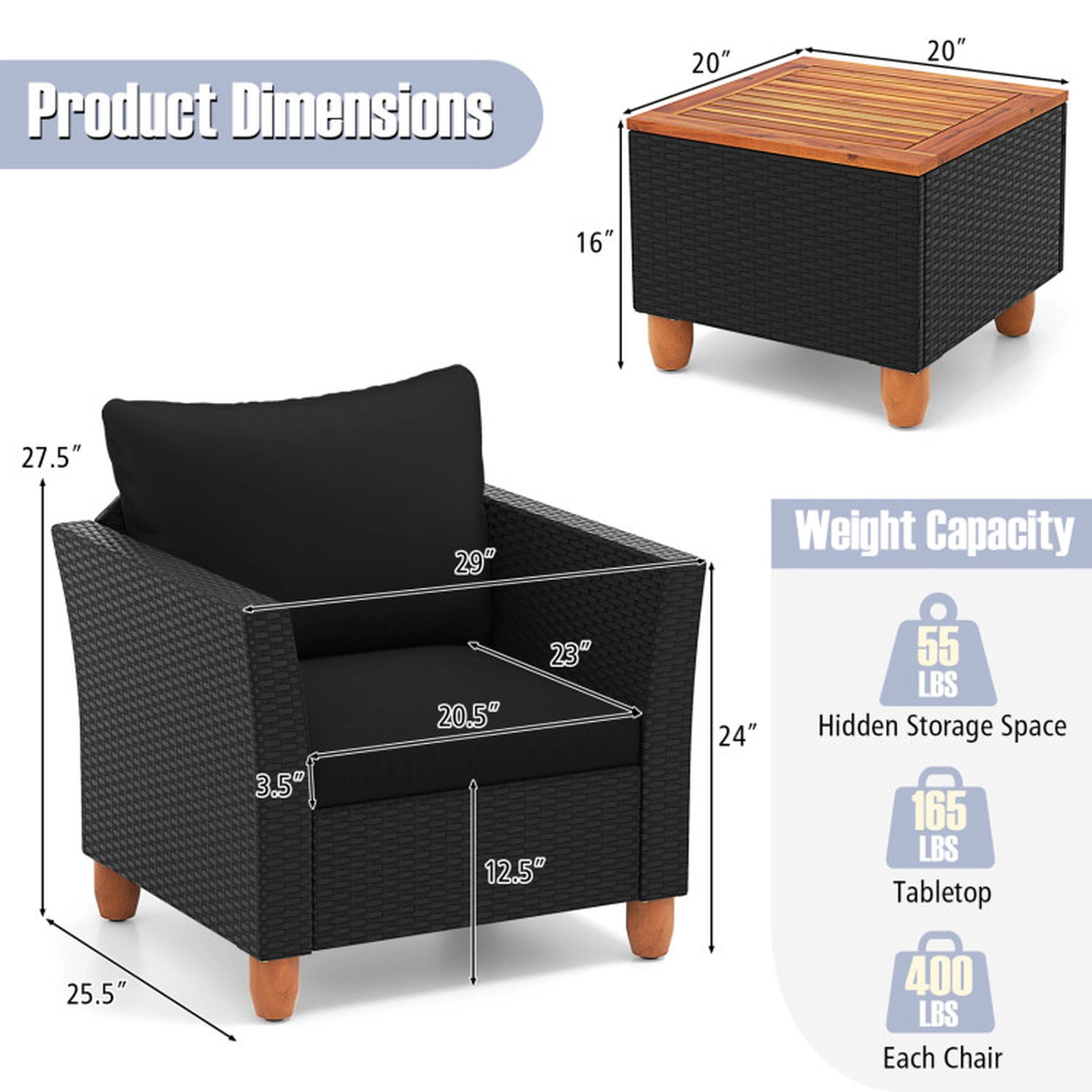 SUGIFT Black Acacia Wood Table and Hidden Storage 3-Piece Outdoor Rattan Sofa Set