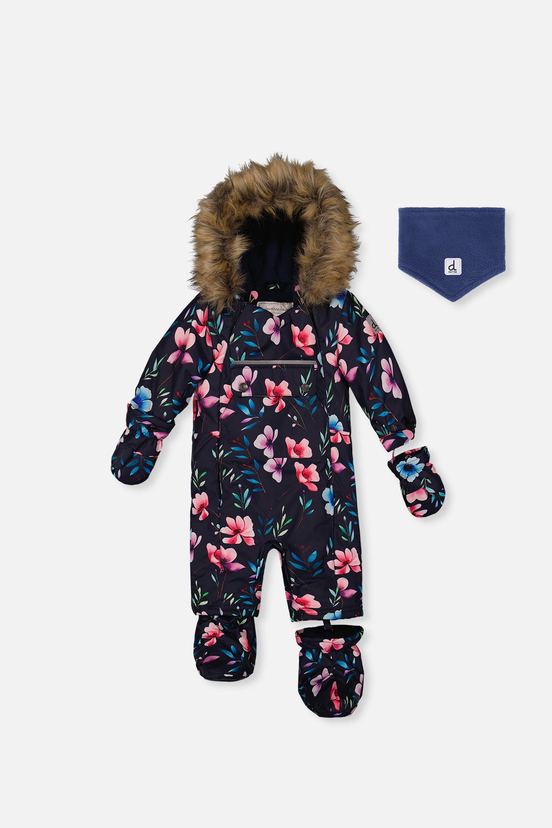 Deux par Girls Floral Print One Piece Snowsuit Adapted for Car Seats with Detachable Hood