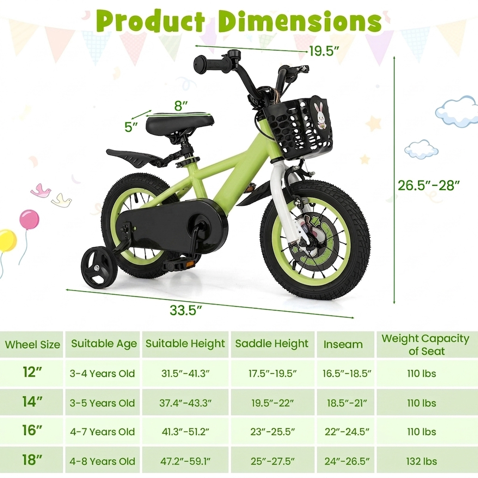 SUGIFT Adjustable 12-In Kids Bicycle with Hand Brake and Detachable Training Wheels 110-lb Capacity Ages 3-4 Green