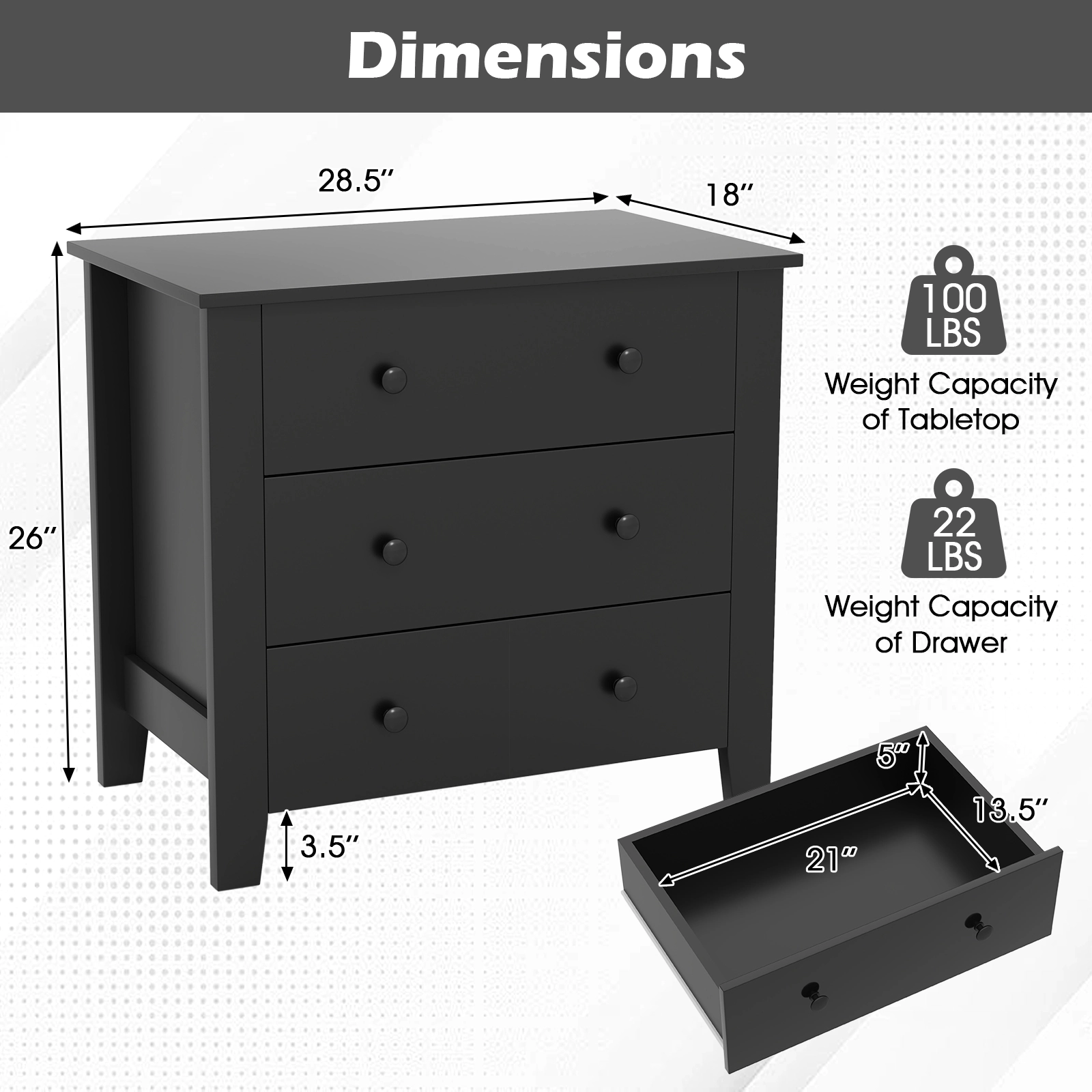 SUGIFT 3-Drawer MDF Dresser Chest of Drawers 220-Lb Capacity 28-in Tall Bedside Table 57-Lb Net Weight Black Wood Grain