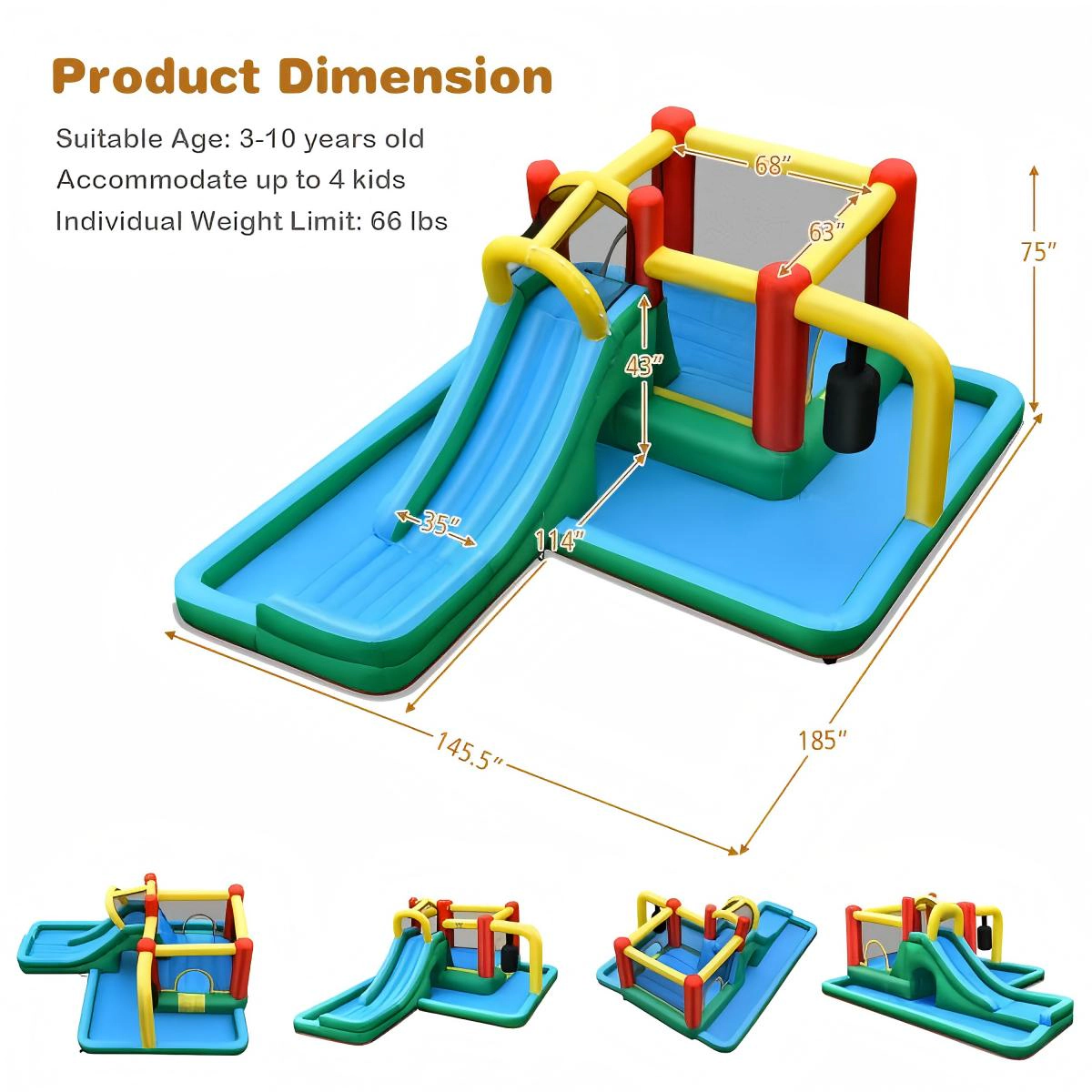 SUGIFT Inflatable Water Slide Climbing Bounce House with Tunnel & 735W Blower 265-lb Capacity Ages 3-10 Blue Yellow Red