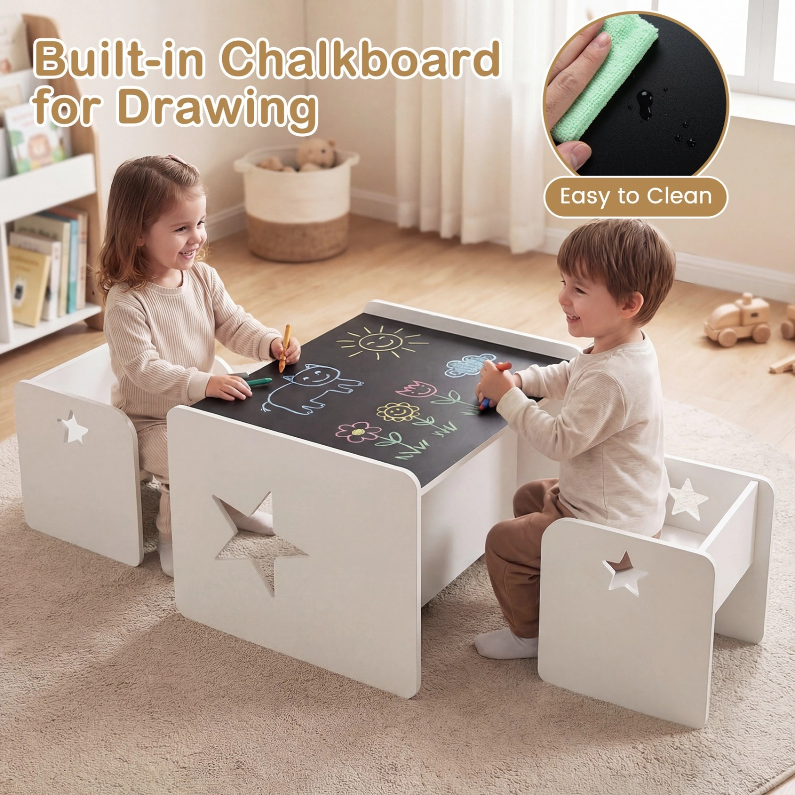 SUGIFT Space-Saving 3-Piece Kids Table and Chair Set with Chalkboard Top 66-lb Tabletop Capacity Ages 3+ White