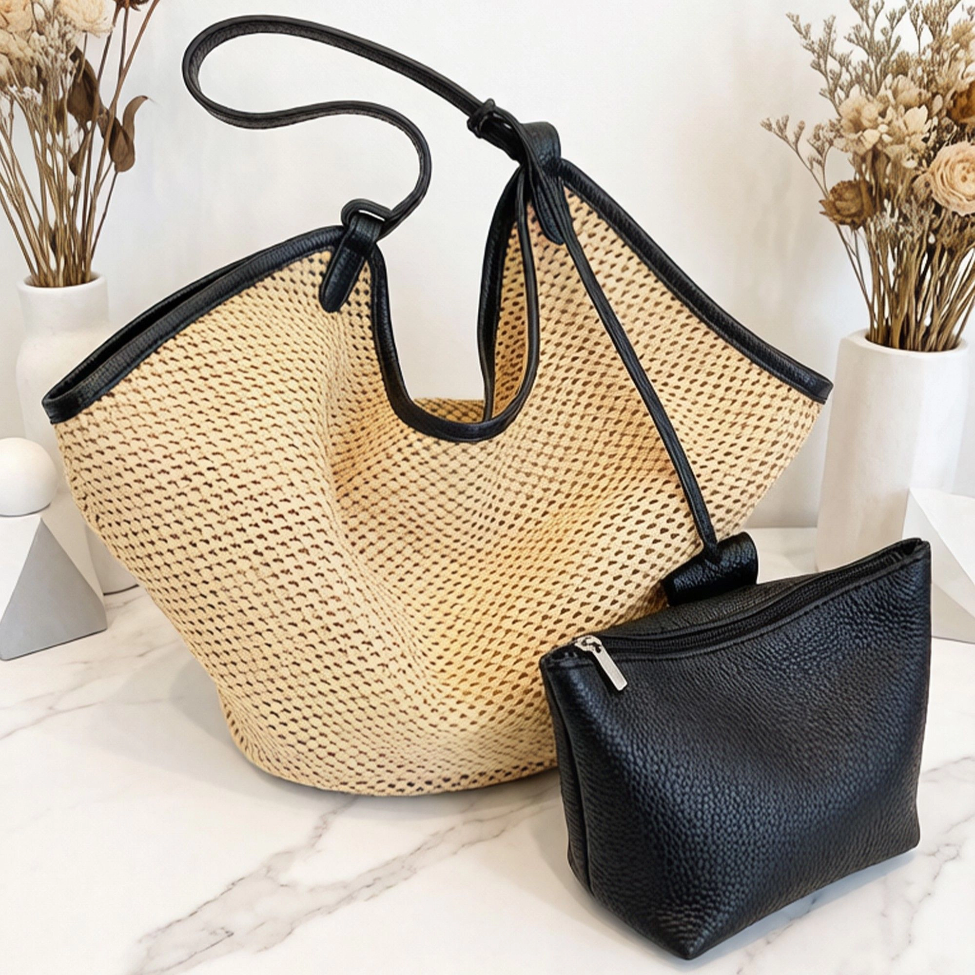 Alilang Women's Woven Shoulder Bag with Faux Leather Trim Slouchy Hobo Handbag Lightweight Large Capacity Tote