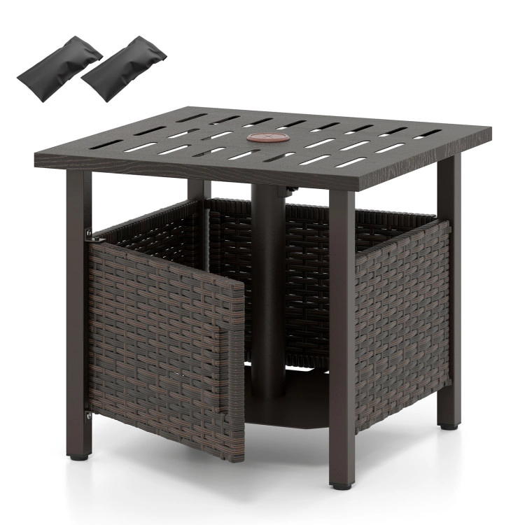 Hivvago Outdoor Side Table With 1.93" Umbrella Hole All-Weather Pe Wicker Patio Umbrella Table