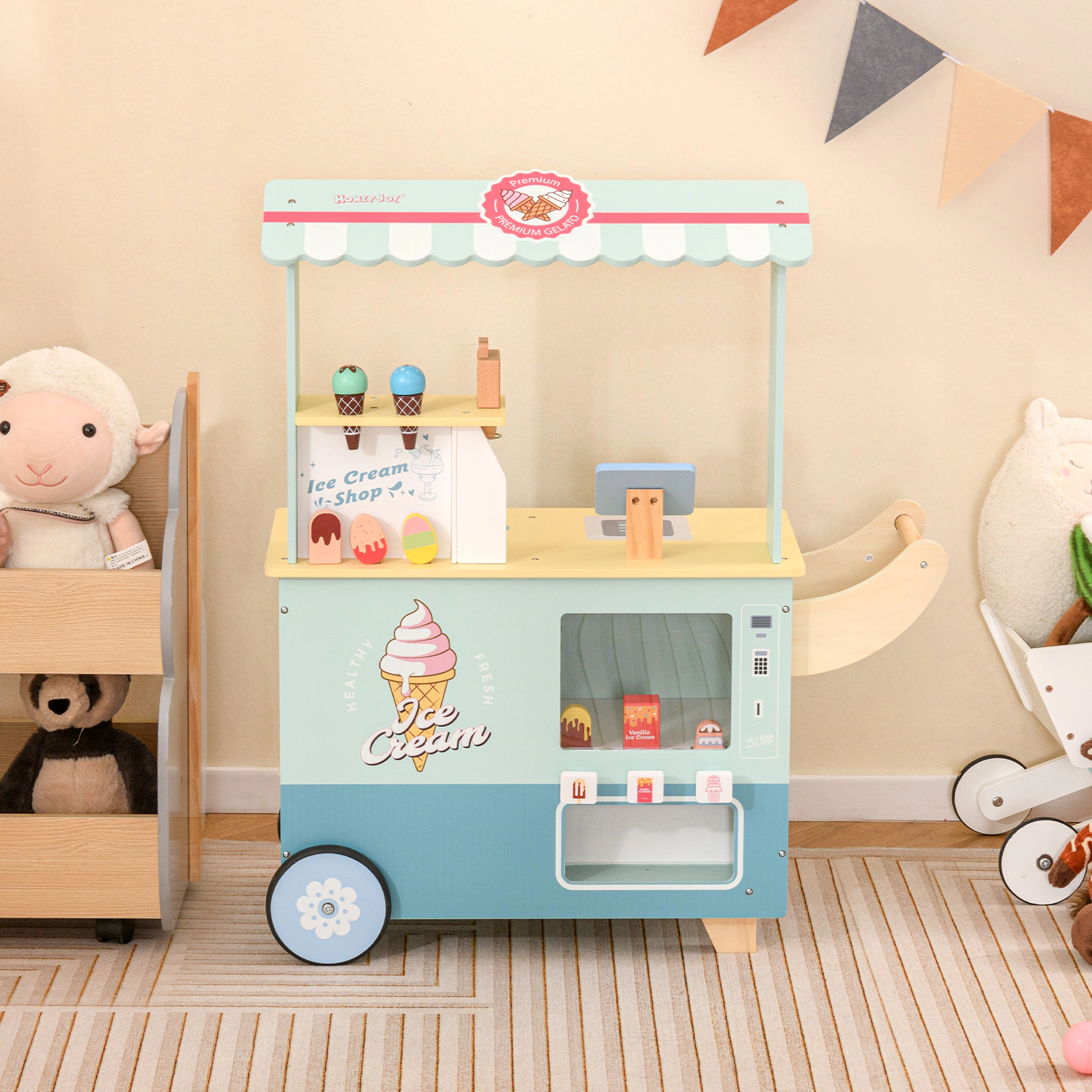 LJG Kids Ice Cream Truck Pretend Play Set for Toddlers with Vending Machine