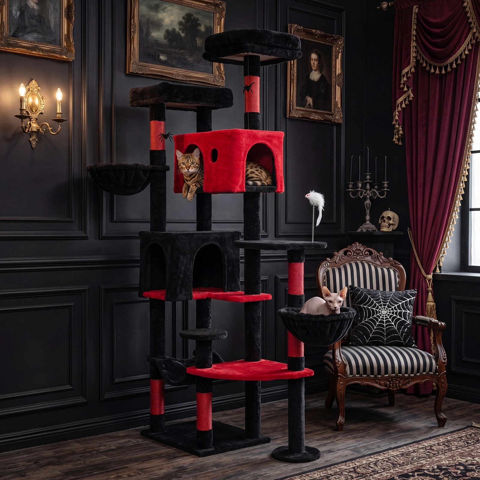 SUGIFT 75-in Gothic Cat Tree with 2 Plush Perches, 2 Condos, Hammock and Basket Beds 22-lb Tier Capacity Black & Red