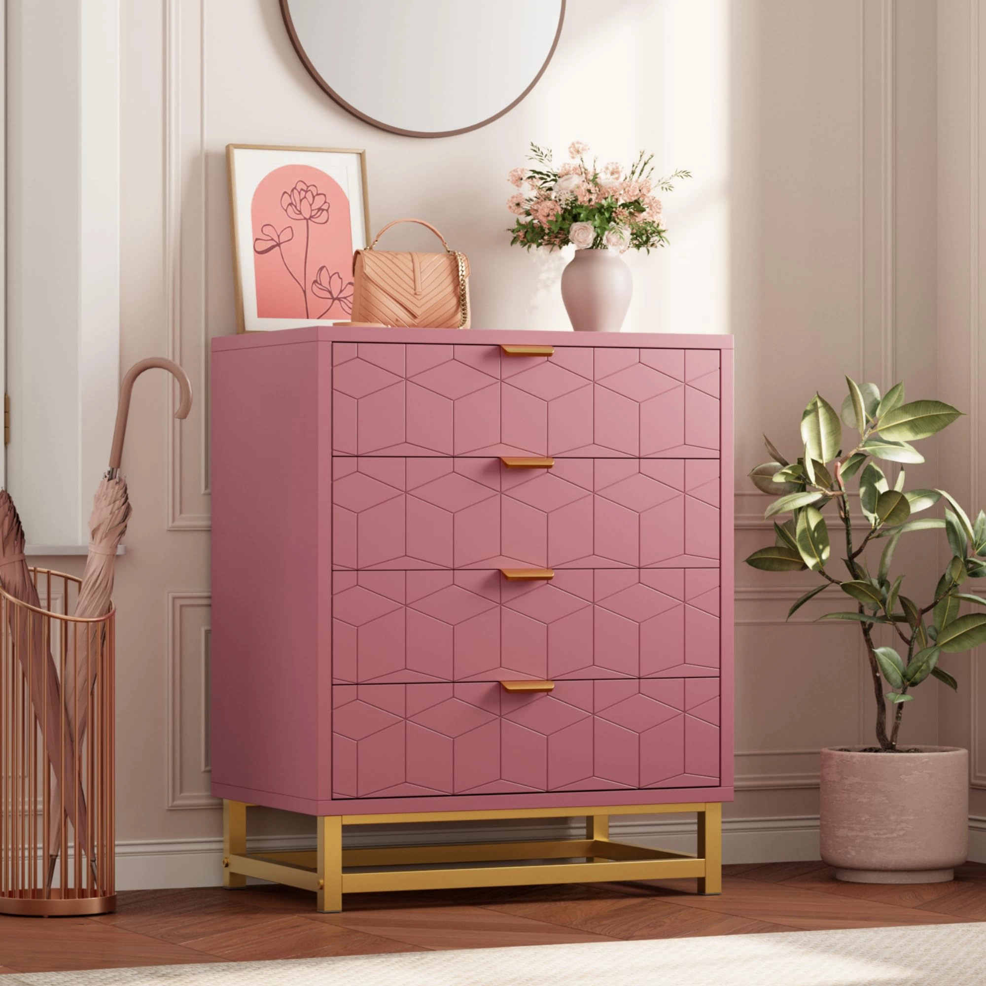 Modern 4 Drawer Dresser with Gold Metal Handles, Storage Cabinet for Bedroom Living Room Hallway