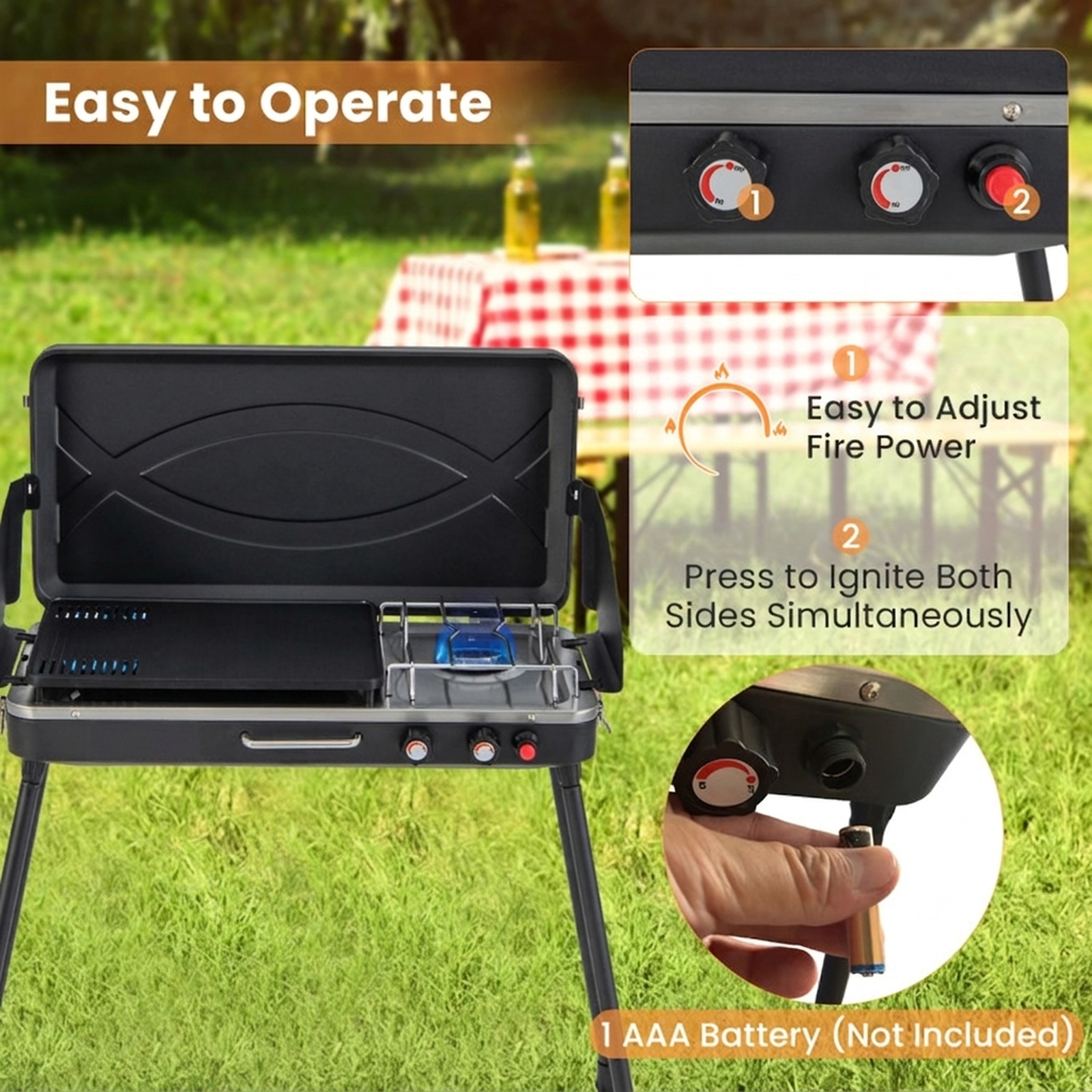 SUGIFT 2-in-1 Gas Camping Grill and Stove with Dual Burners and Detachable Legs Black