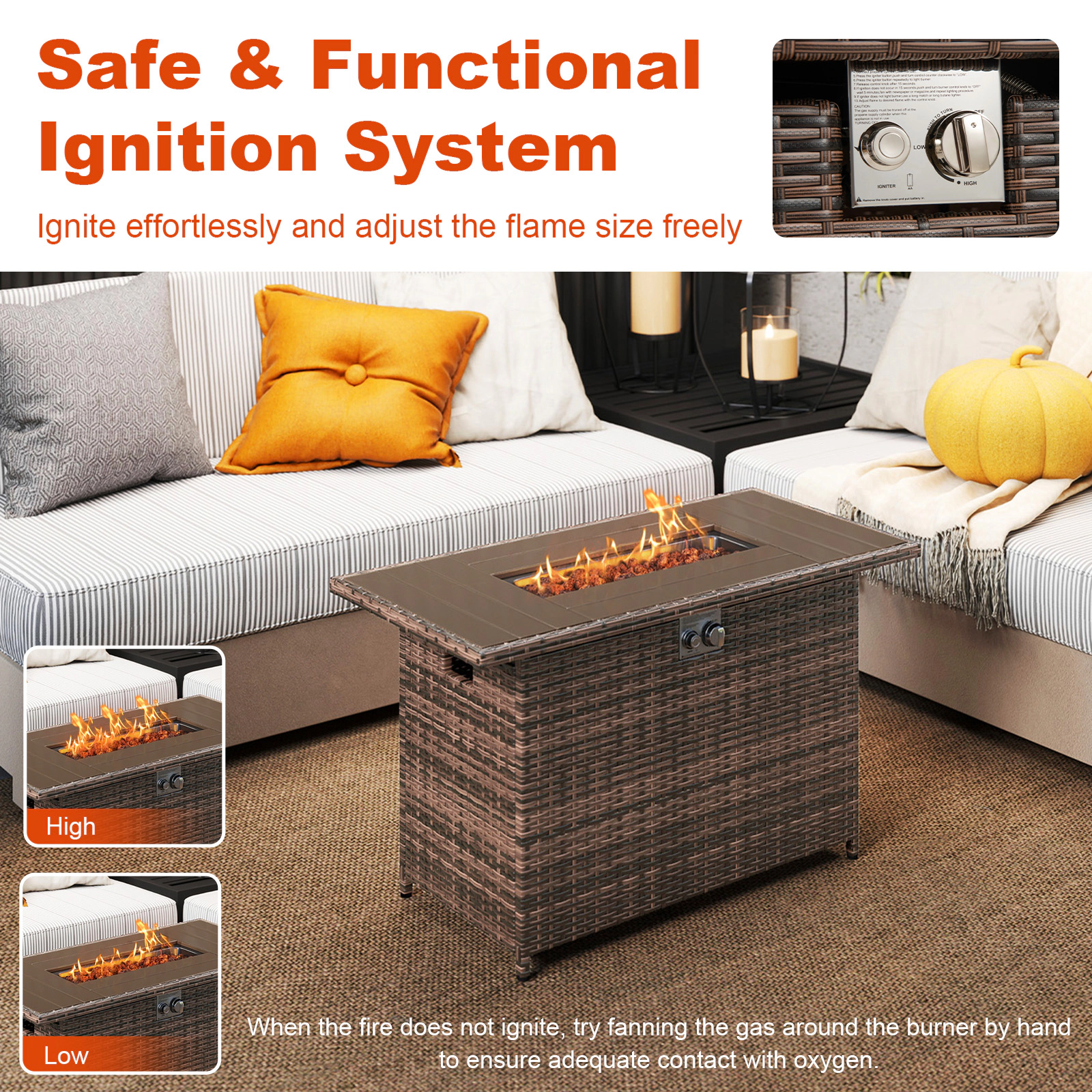 SUGIFT 44.5 Inch Propane Fire Pit Table Brown Rattan 2-in-1 with Stainless Burner