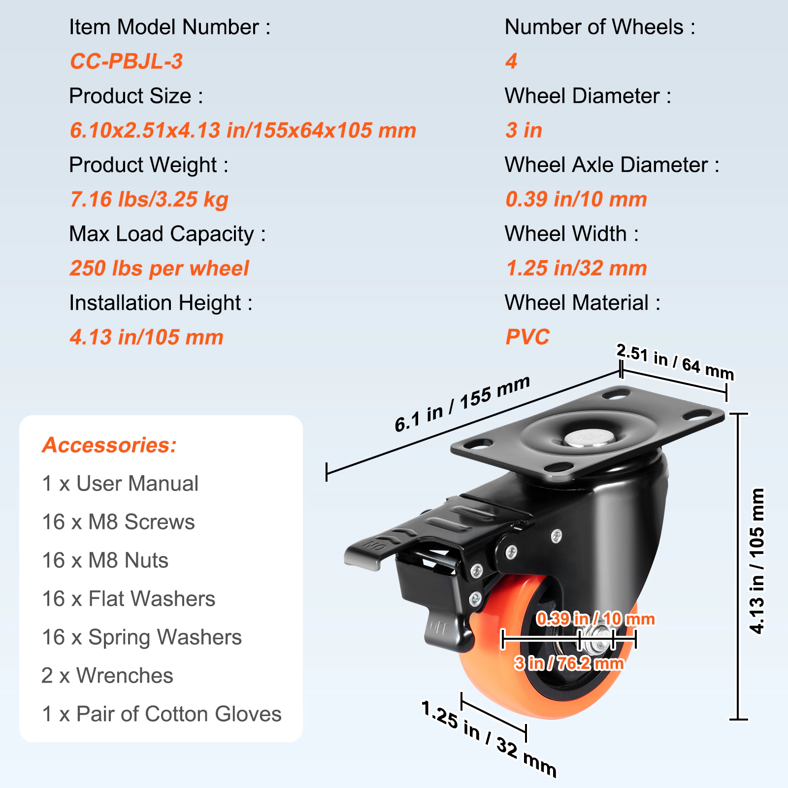 HONGGE Caster Wheels Swivel Plate Casters with Wheels Per Caster Wheels