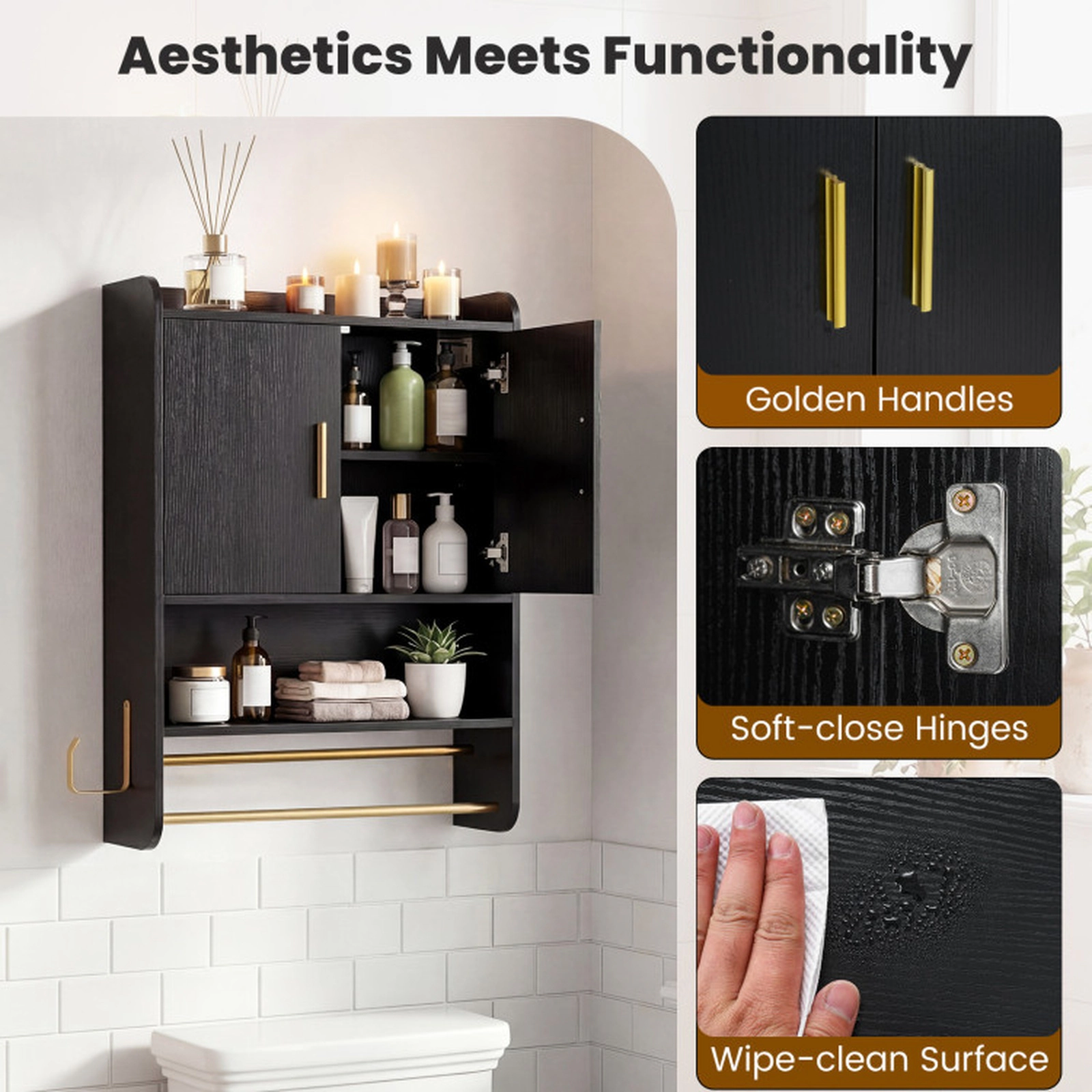 SUGIFT 2-Door Double Towel Bars Side Hook Engineered Wood Medicine Cabinet 21.5-in x 8-in x 31.5-in 44-lb Top Black