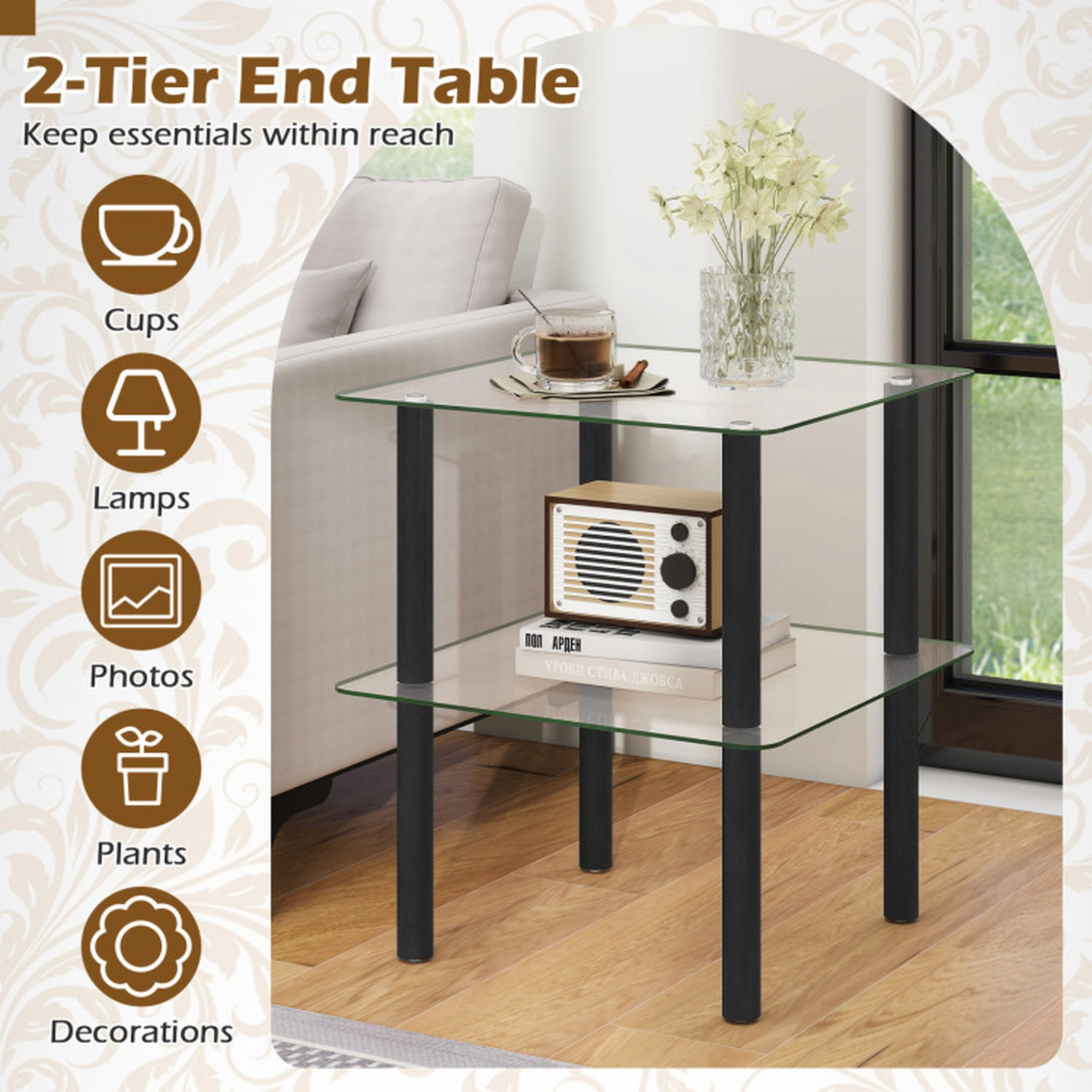 SUGIFT Clear Tempered Glass Top and Storage Shelf 2-Tier Black Square End Table