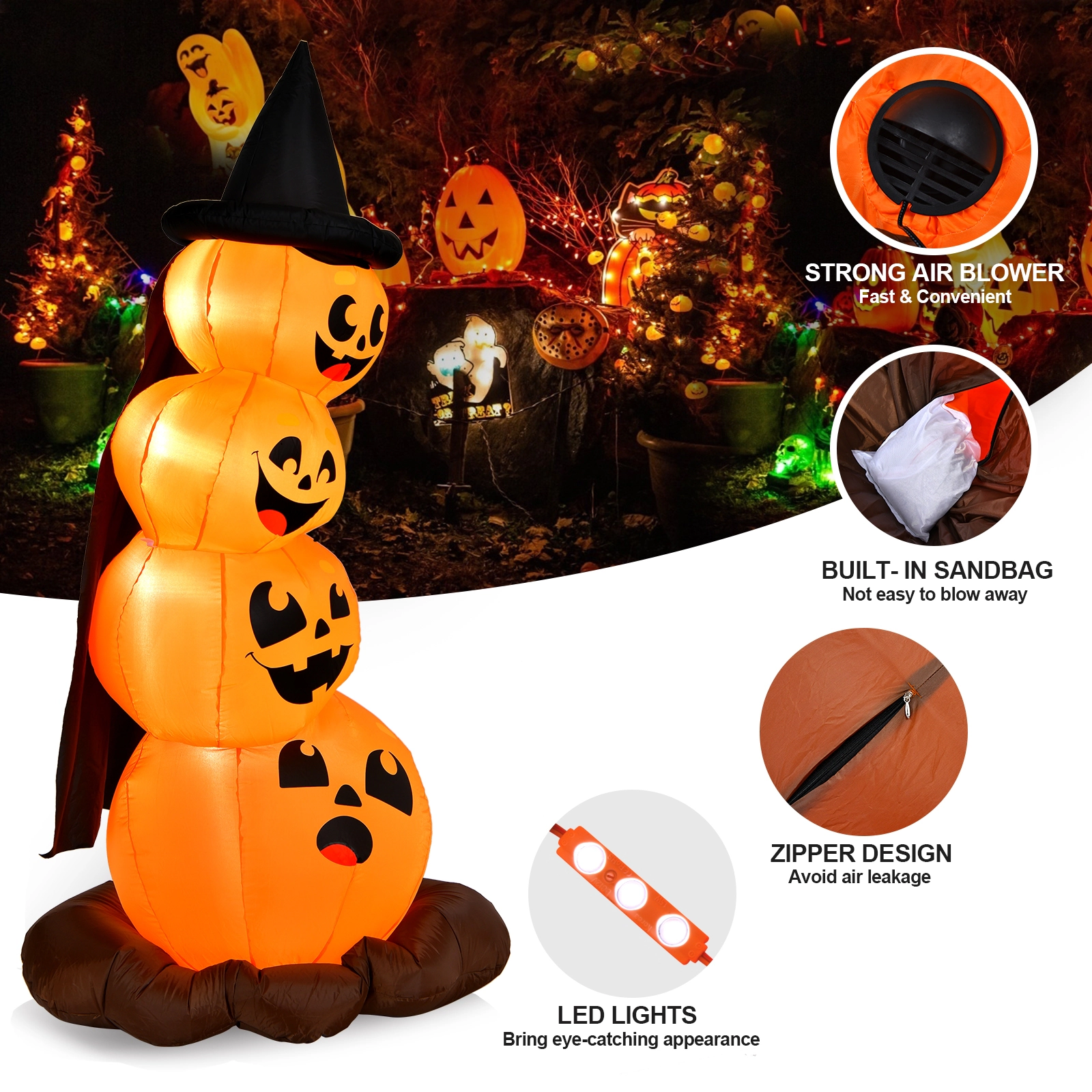 Glintex 7-Ft Halloween Inflatable Pumpkin Combo with Witch Hat and LED Lights, Multicolor