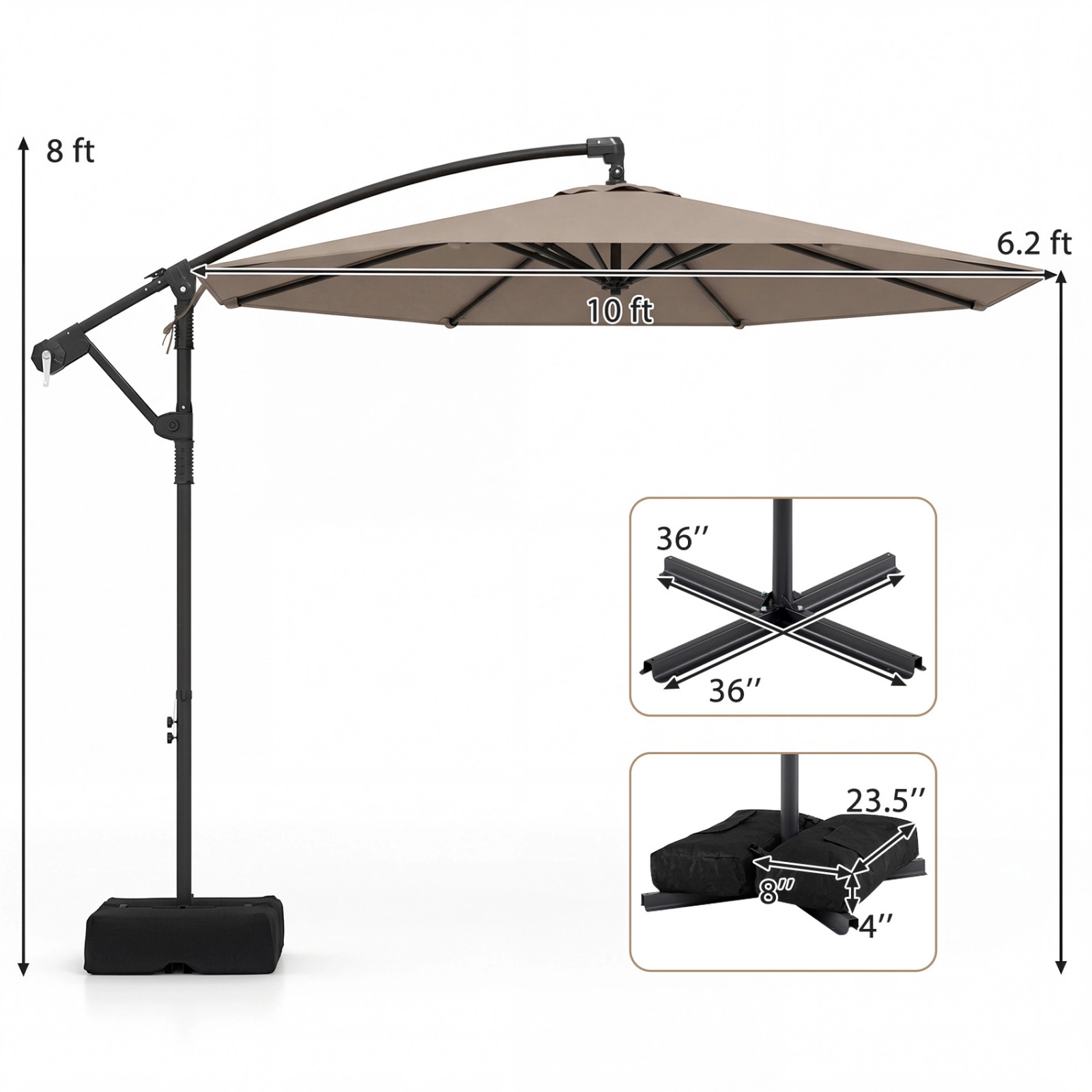 SUGIFT 10-ft Taupe Offset Cantilever Patio Umbrella with Base 220-lb Sandbags and Infinite Tilt for Deck