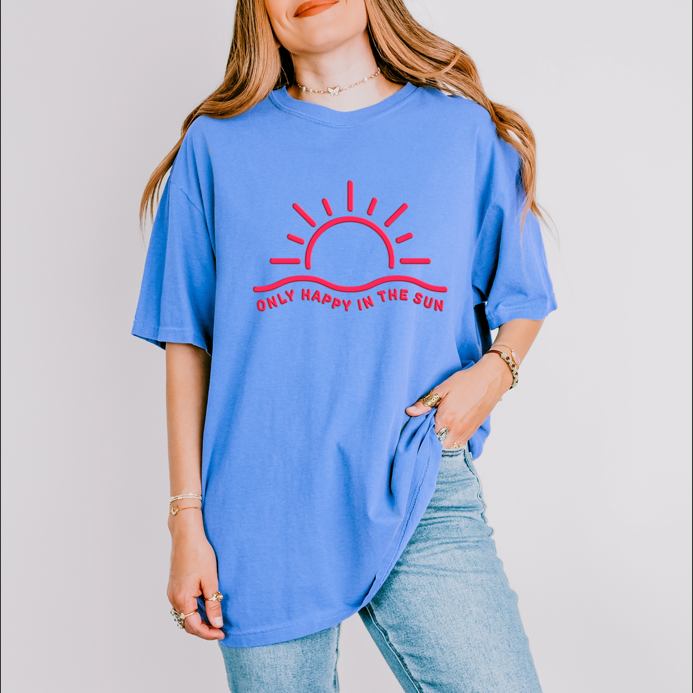 Simply Sage Market - Only Happy The Sun Puff Print Women's Garment Dyed Graphic T-Shirt
