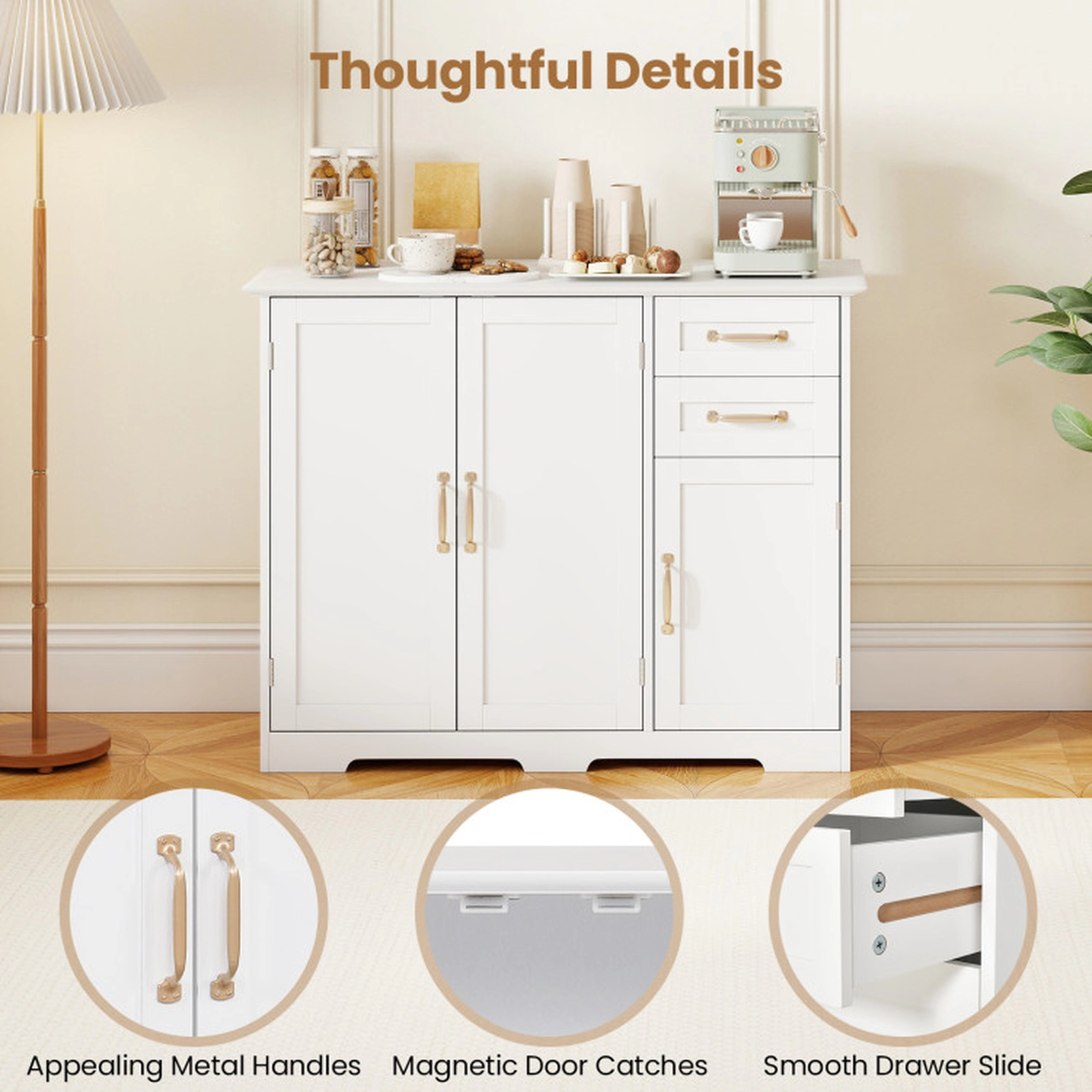 SUGIFT 2-Drawer Gold Handles Shaker Doors Kitchen Sideboard Cabinet 40-in x 16-in x 31-in 120-lb Capacity White