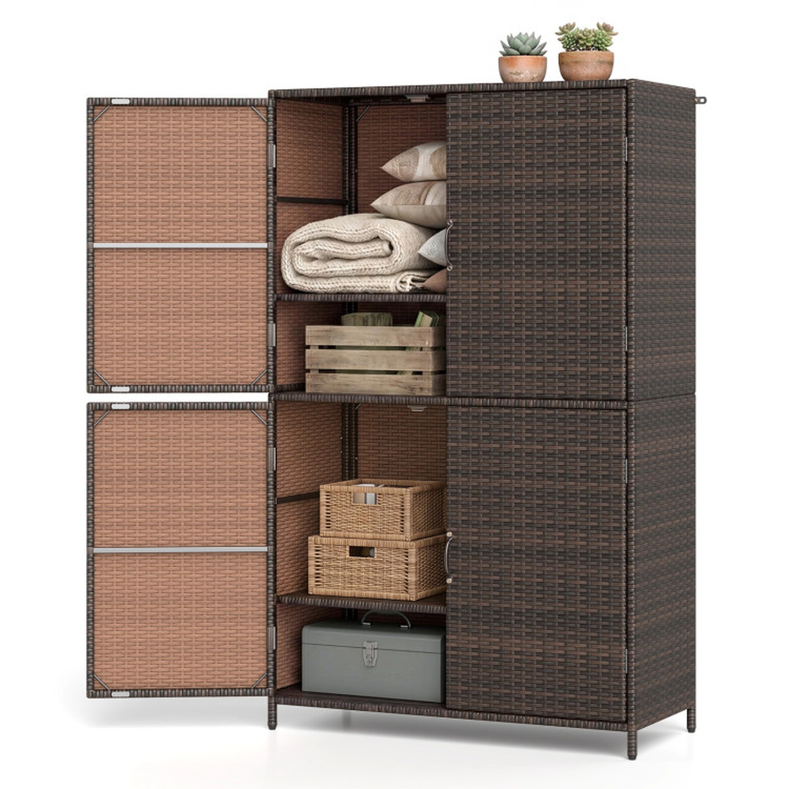 SUGIFT 4-Door Adjustable Shelves Hand-Woven PE Rattan Vertical Storage Shed 35.5-in x 16-in x 58-in 80-lb Shelf Brown