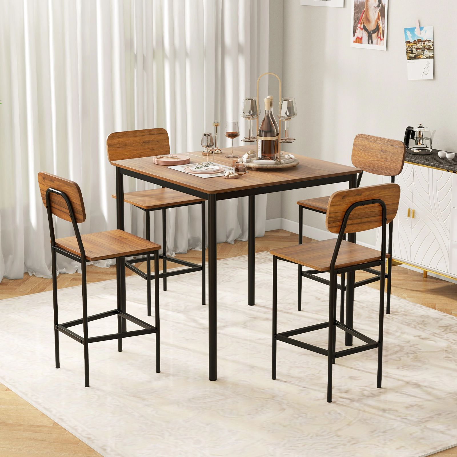 SUGIFT 5-Piece Industrial Counter-Height Dining Set with 36-in Square Top and 4 Bar Stools 300-lb Capacity Walnut