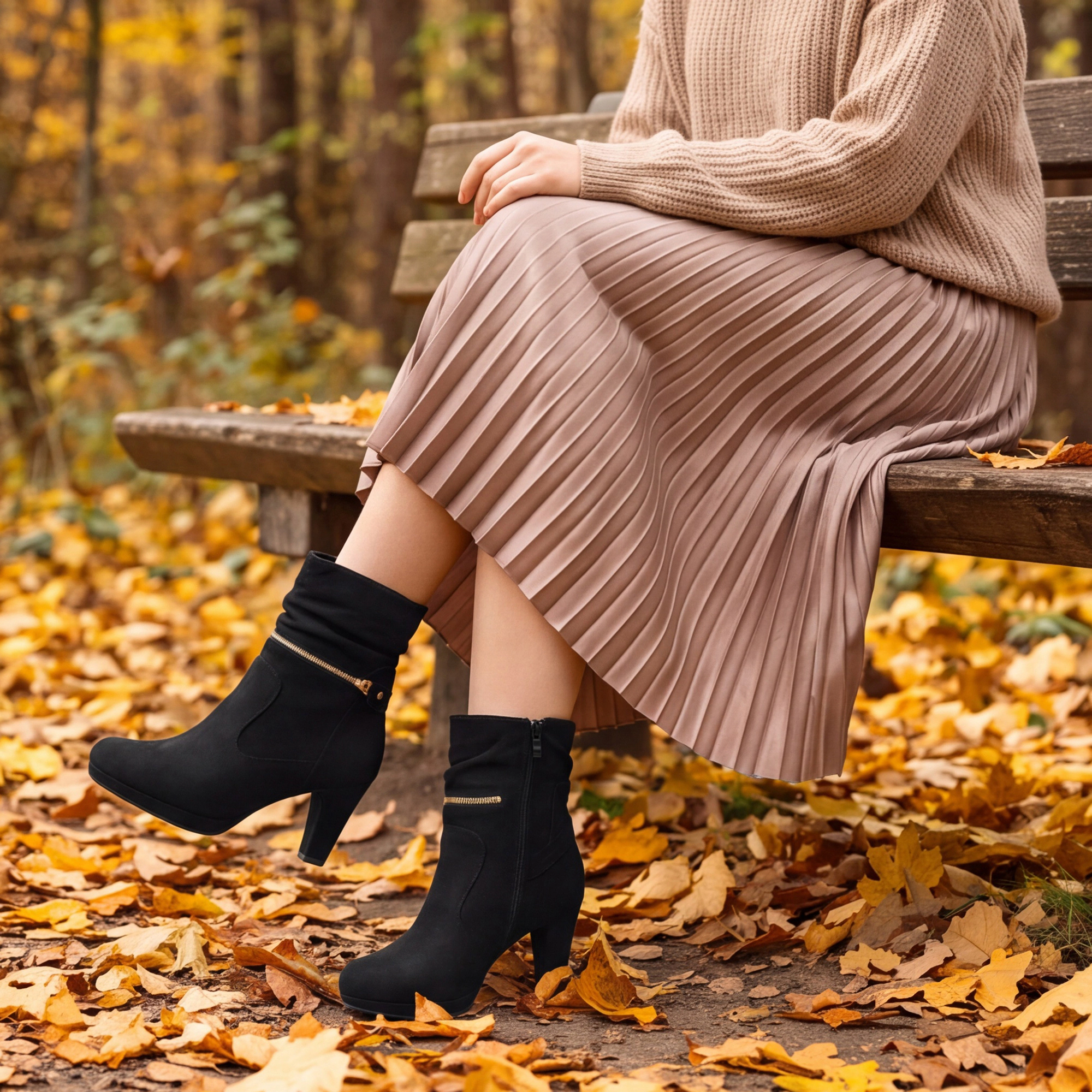 BLISSFUL STEP Women's Platform Zipper Block Heel Ankle Boots
