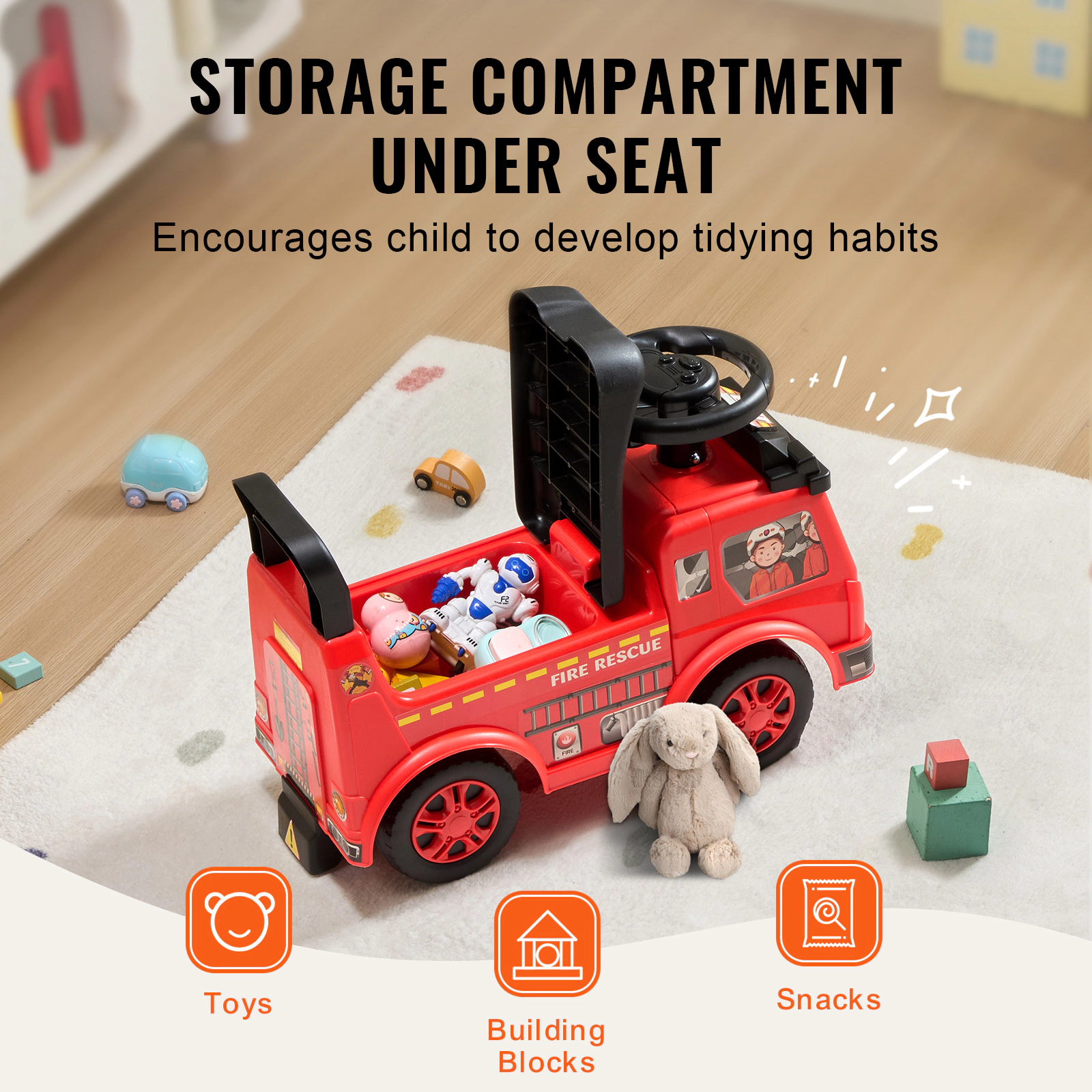 HONGGE Toddler Sit-to-Stand Ride On Push Car with Music Steering Wheel & Under-Seat Storage for Ages 1-3, Red