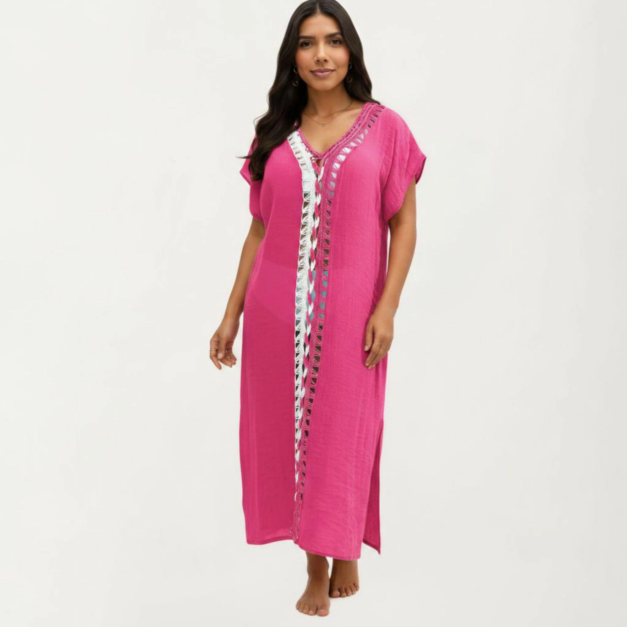 Anna-Kaci Women's Maxi Swim Cover Up Dress with Crochet Trim V Neck Short Sleeves Relaxed Lightweight Fit