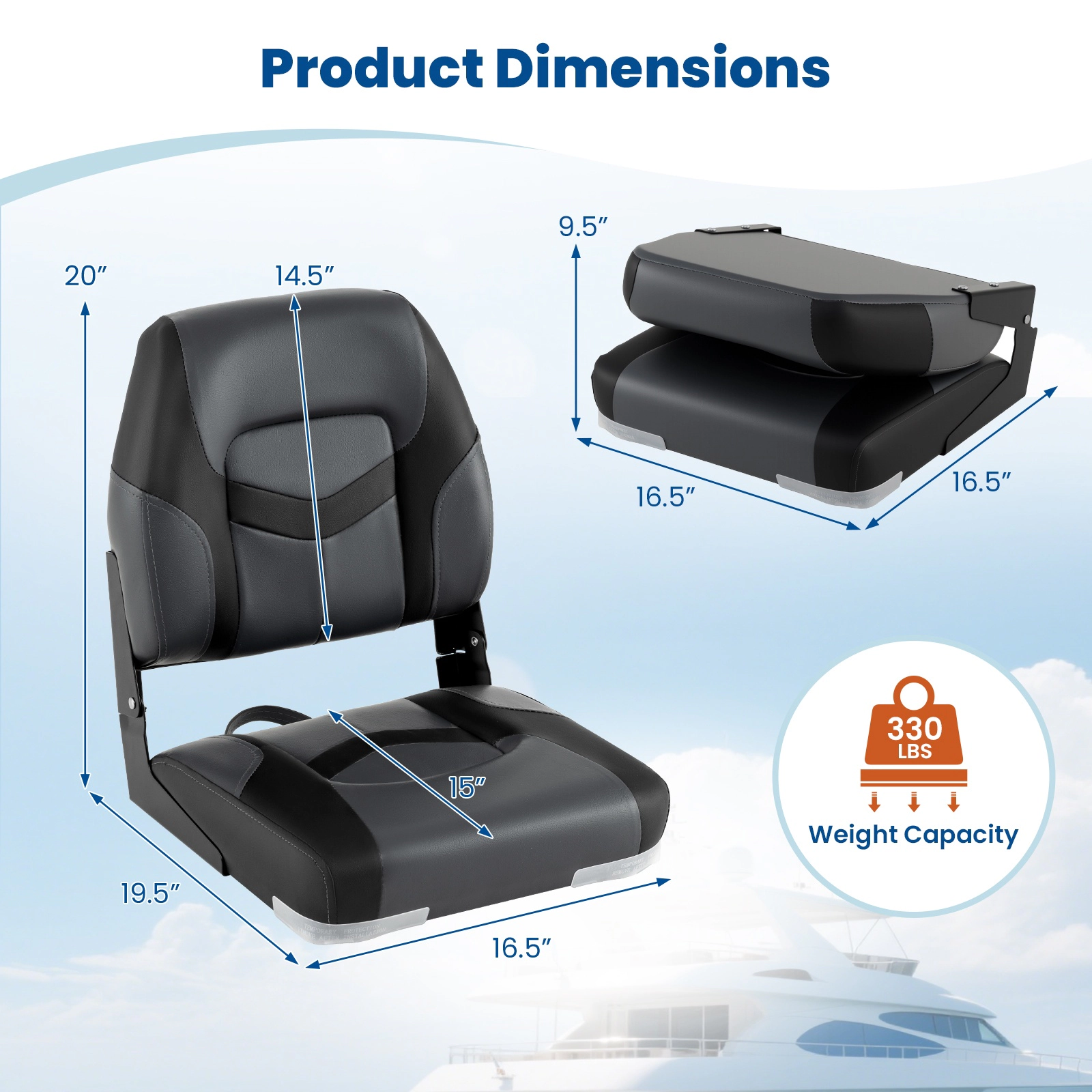 SUGIFT Set of 2 330-lb Capacity Contoured PVC Leather Folding Boat Seats with 10 Fixing Bolts and Hinges