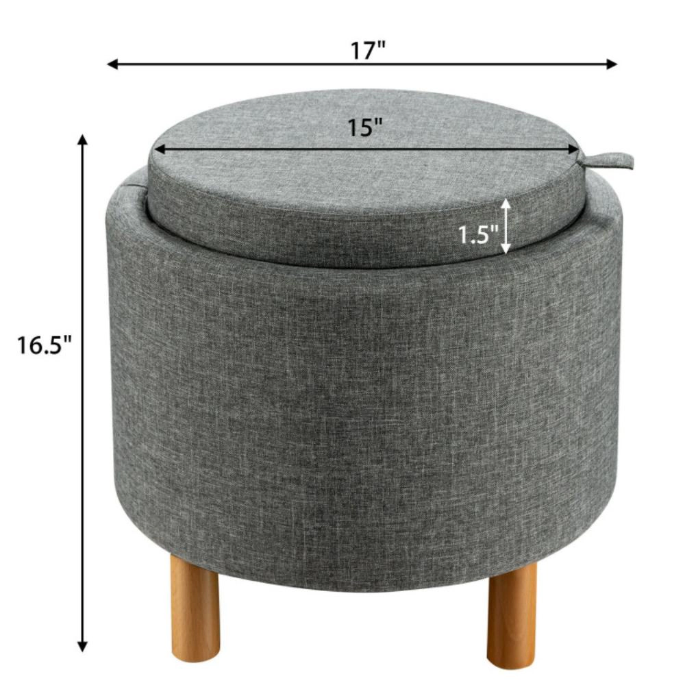 Hivvago Round Upholstered Storage Ottoman with Reversible Tray and Non-Slip Base for Bedroom