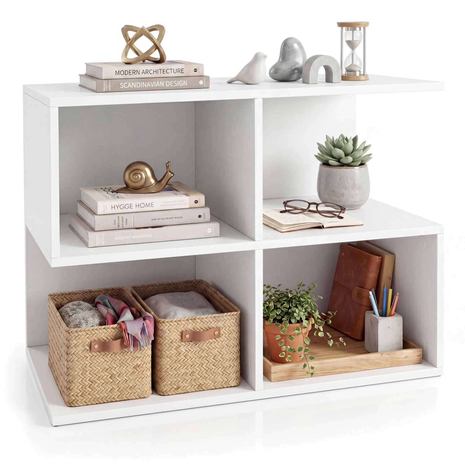 LJG 3-Tier Modern S-Shaped End Table with 4 Storage Cubes