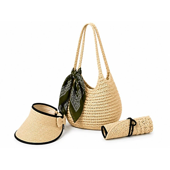 Wear Sierra Women's 3-Piece Set, Straw Tote Bag with Sun Visor Hat & Fashion Scarf