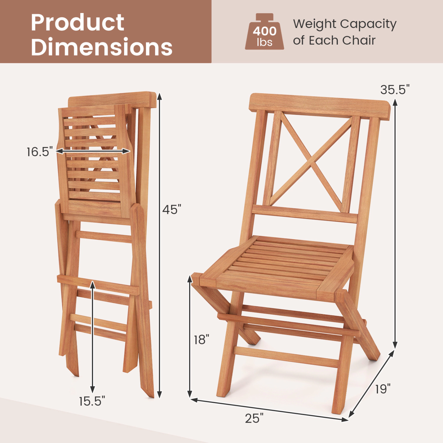 LJG Teak Wood Folding Patio Chairs Set of 2 with Sturdy Frame & Comfort Back for Garden