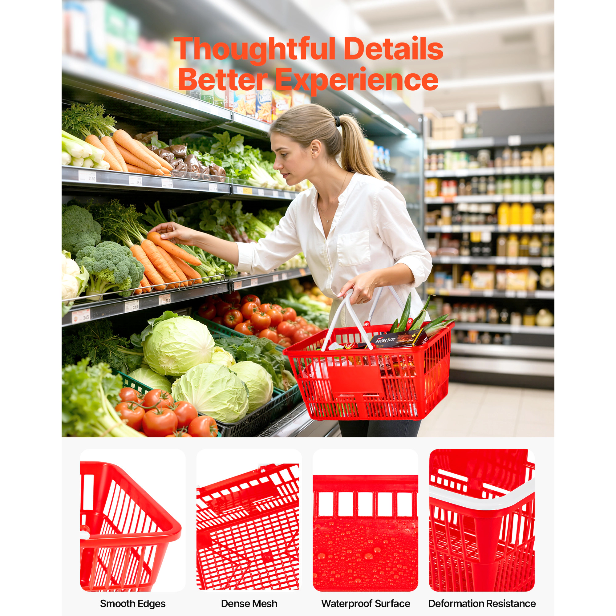 HONGGE Shopping Baskets, Stackable Grocery Baskets with Handles, Dense Mesh Structure, Portable for Grocery, Retail