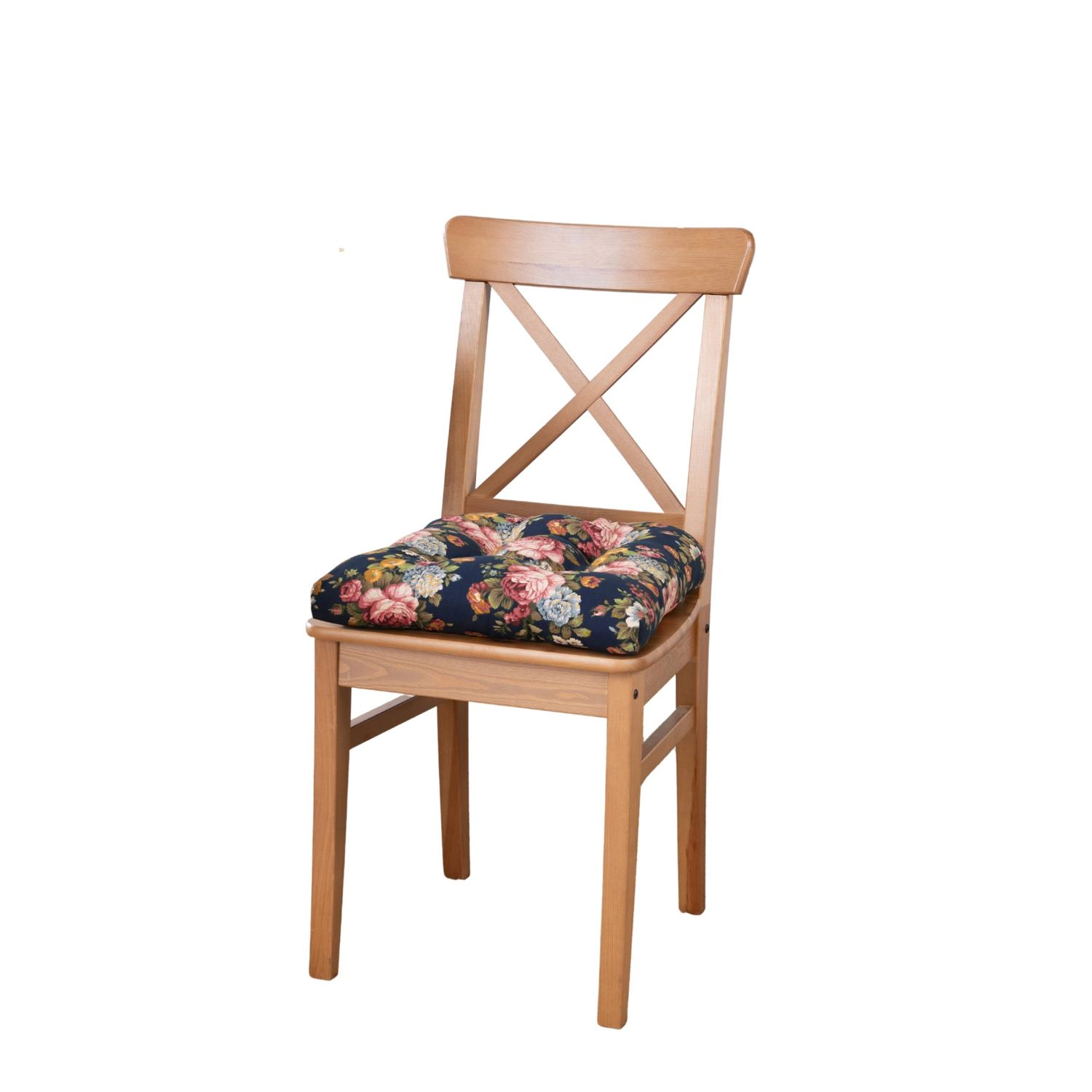 Ellis Bella Rose Stylish Medium Scale Printed Floral Pattern Non-Skid Chair Pad 16"x16" Navy