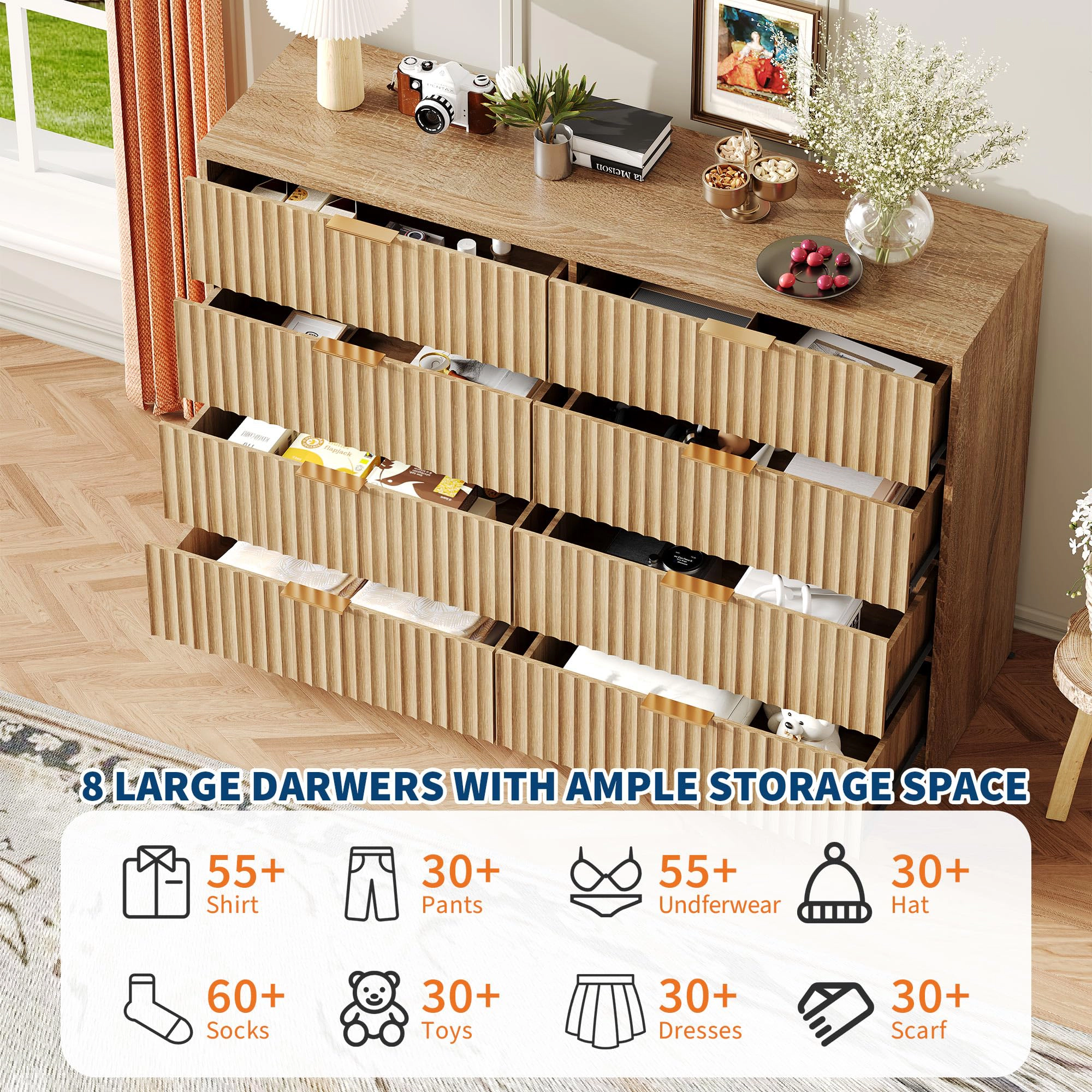 8 Drawer Fluted Double Dresser with Metal Handles, Modern Wood Storage Chest for Bedroom Entryway