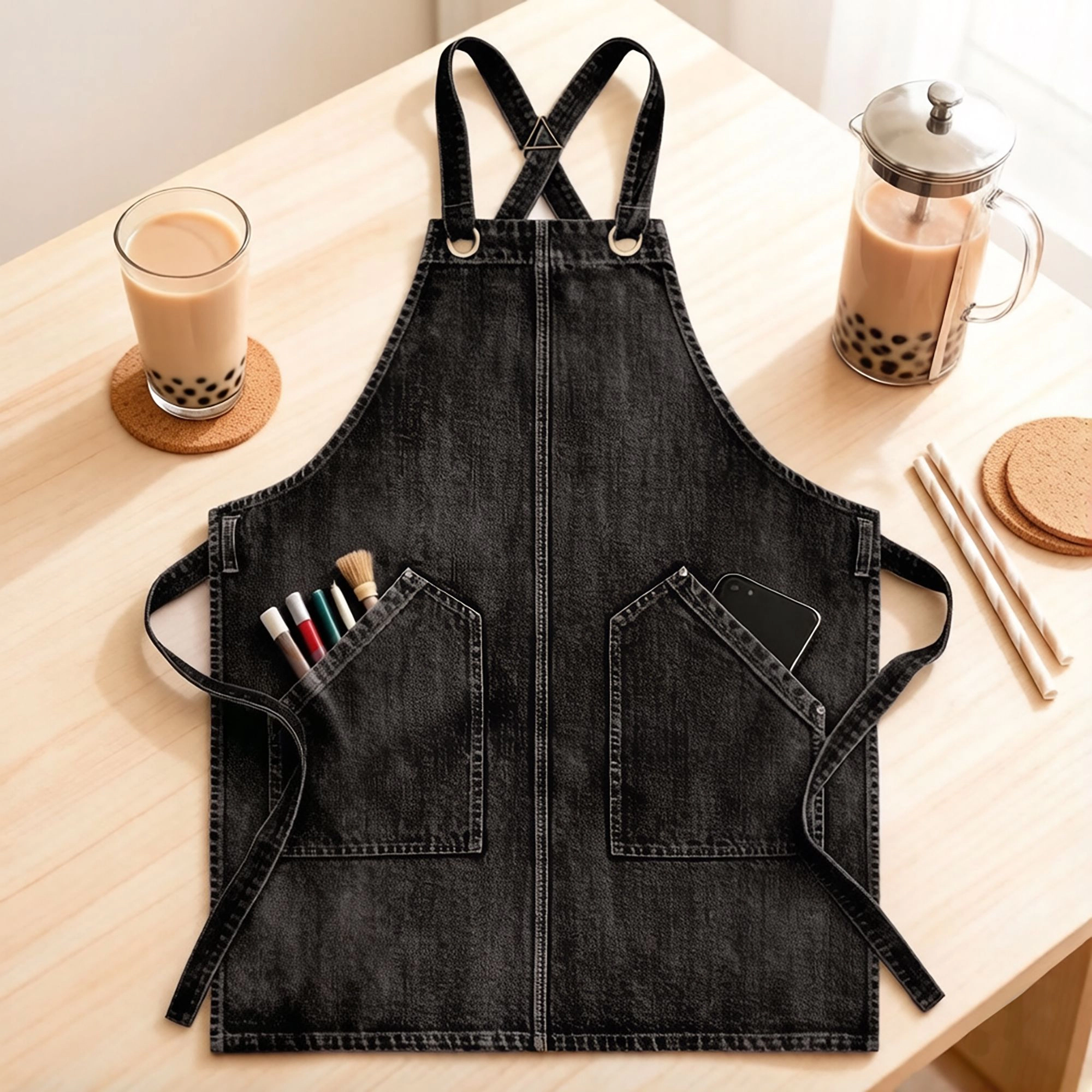 Alilang Unisex Denim Style Work Apron with Dual Front Pockets Utility for Kitchen Cafe Workshop and Home Use