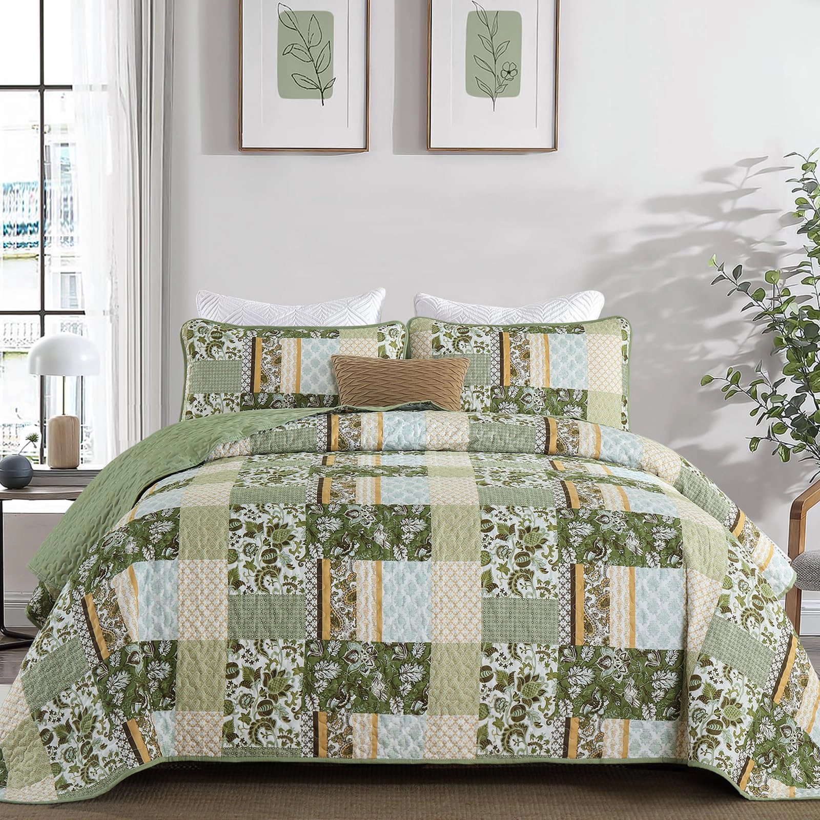 PUPWE Quilt Set King Size  Green Patchwork Bedspread With 2 Shams