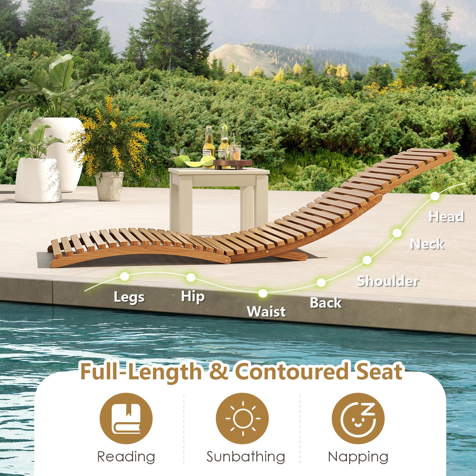 SUGIFT Natural Slatted Seat 330-lb Capacity Set of 2 Teak Wood Folding Patio Chaise Lounge Chairs