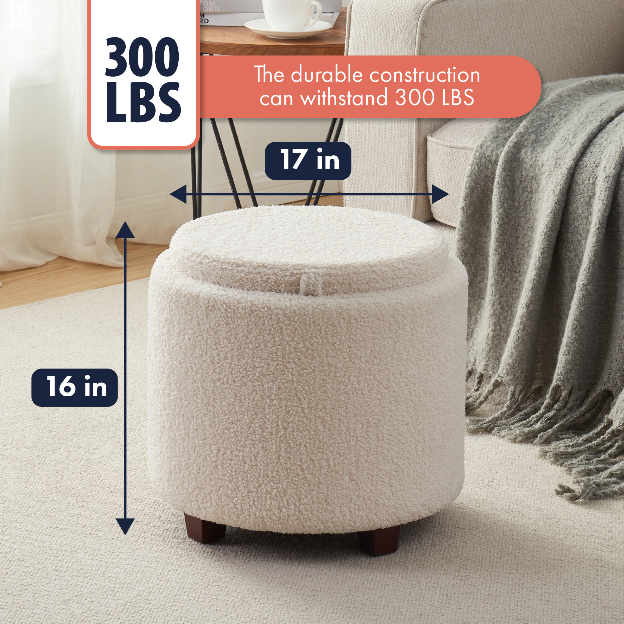 Ornavo Home Round Boucle White Storage Ottoman with Table Top Lid