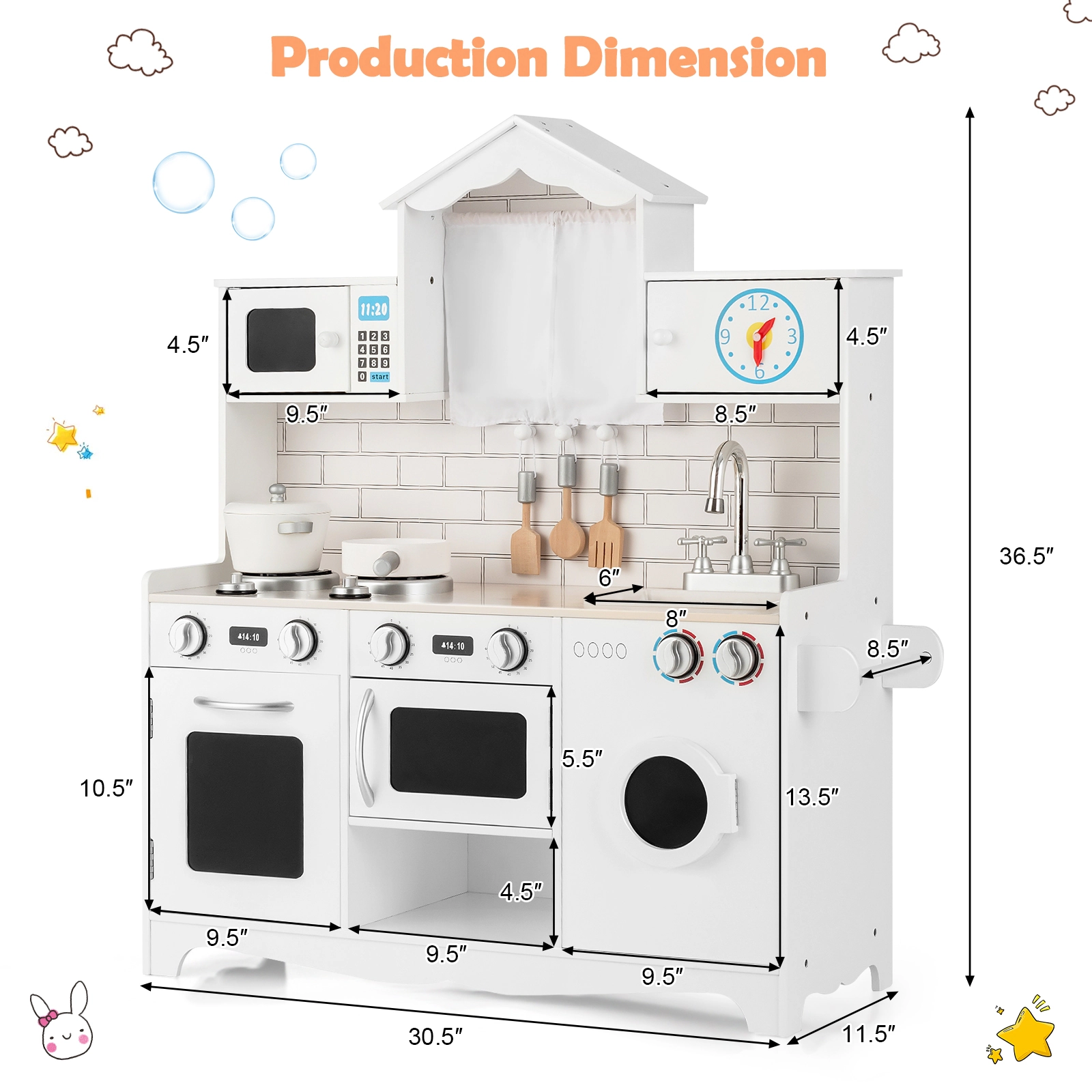 SUGIFT Wooden Kids Kitchen Playset Washing Machine Microwave Oven Sink & Gas Stoves 36.5-in Tall Ages 3 Years+ White