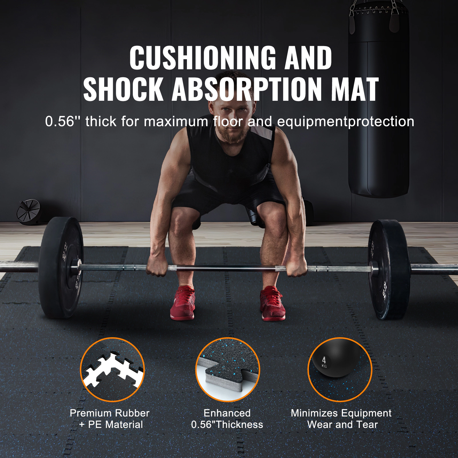 HONGGE 0.56 Inch Thick Rubber Top Gym Floor Mats with EVA Foam