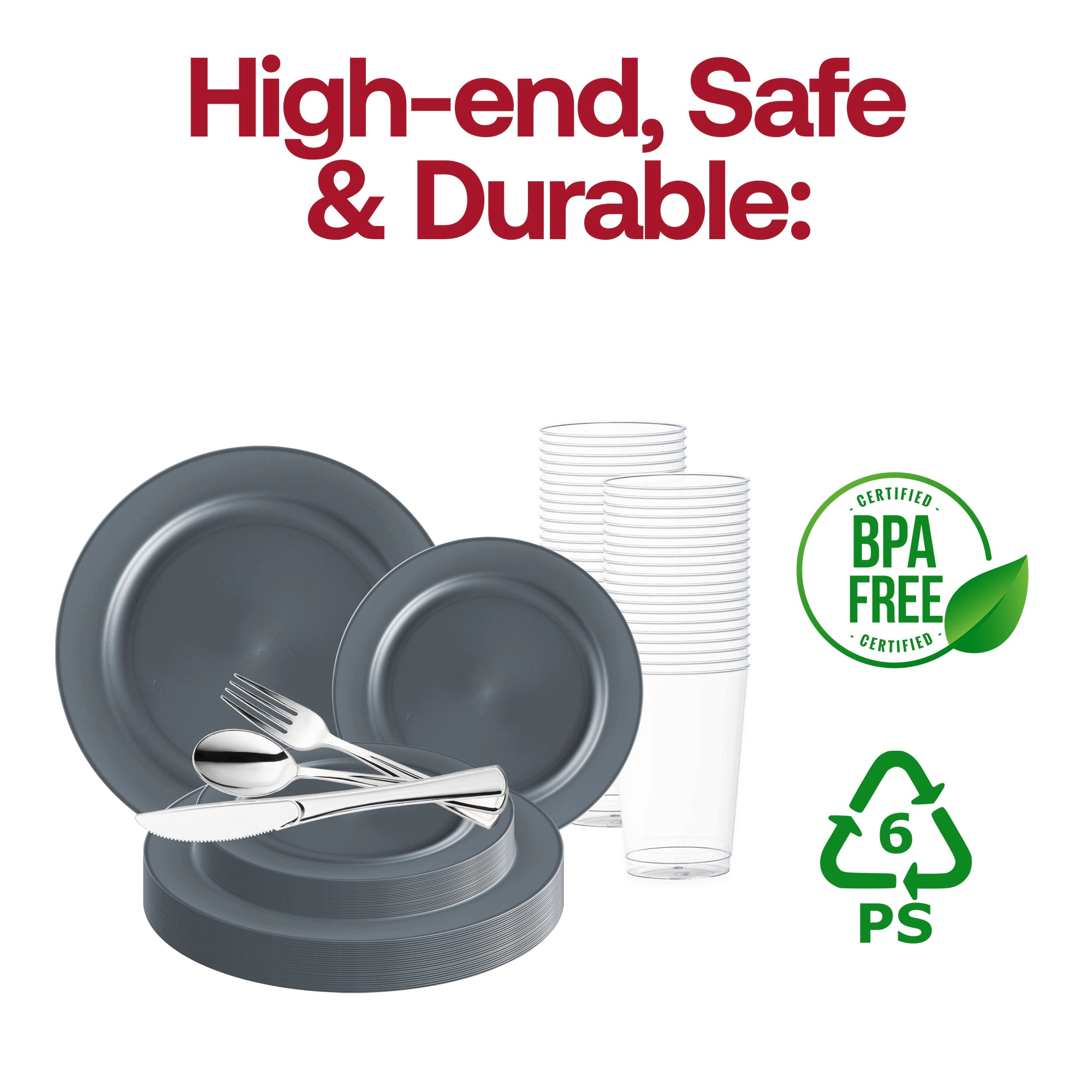 Smarty Had A Party Matte Charcoal Gray Round Disposable Plastic Wedding Value Set