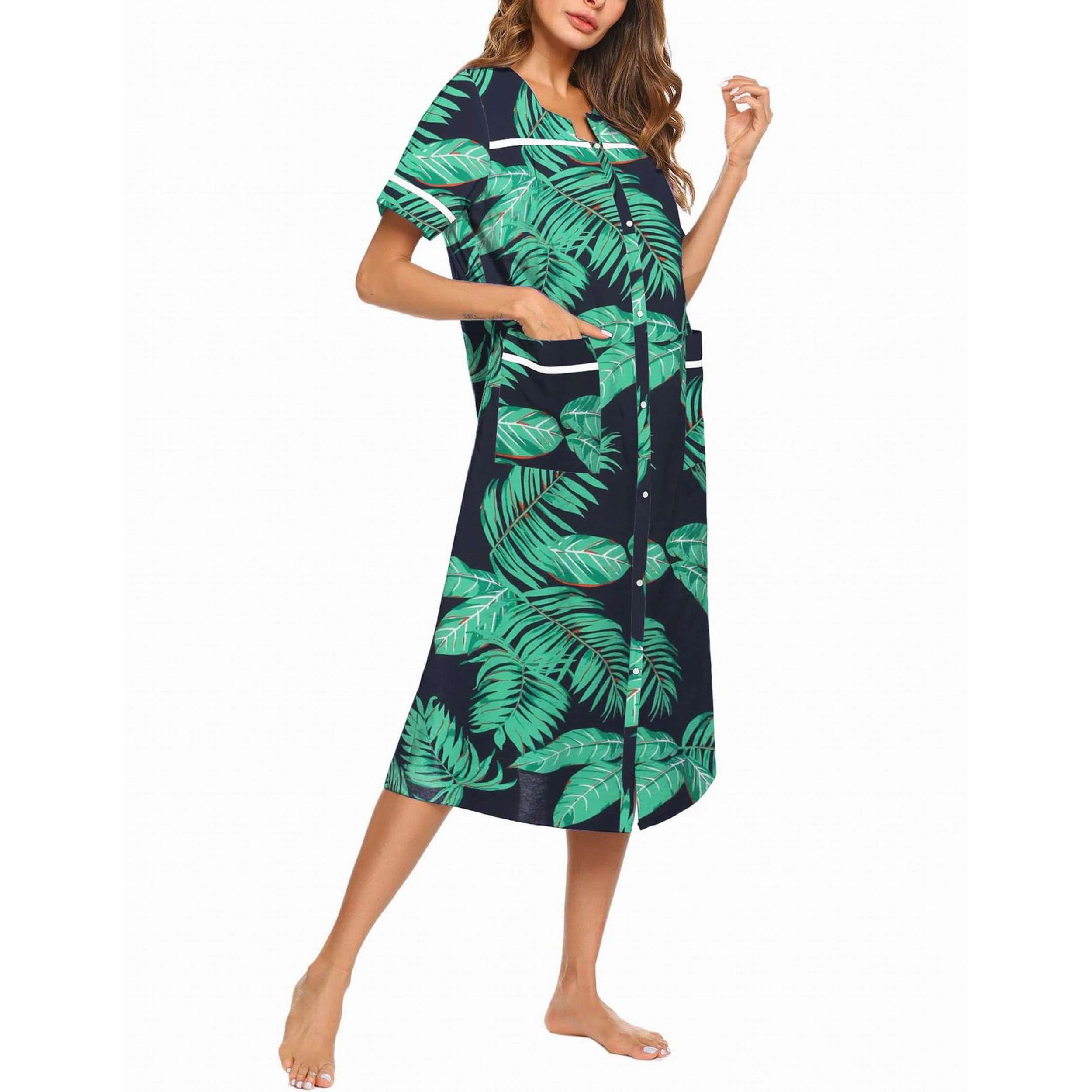 Ekouaer Womens Snap Front Dusters Cotton Housecoat Short Sleeve Nightgown House Dress With Pockets