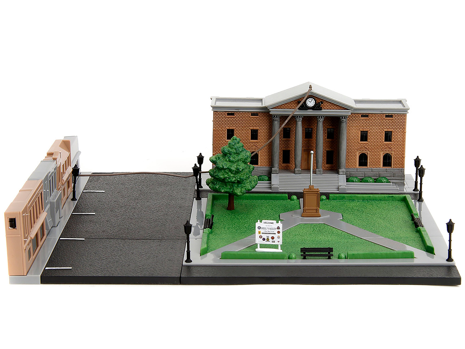 Jada Hill Valley Courthouse Diorama with Black Pickup Truck and Delorean "Back to the Future" (1985) Movie